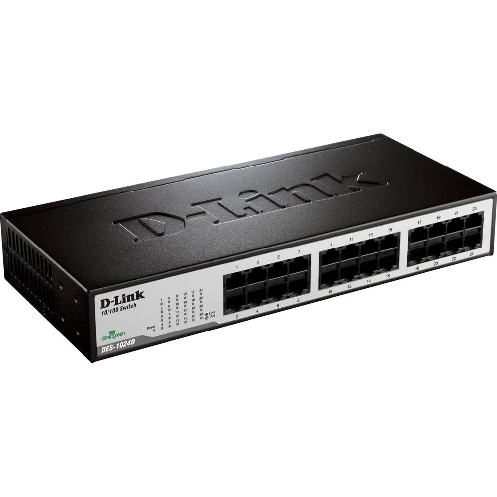 Uno switch D-Link nero da 24 porte con porte Ethernet e etichette visibili.