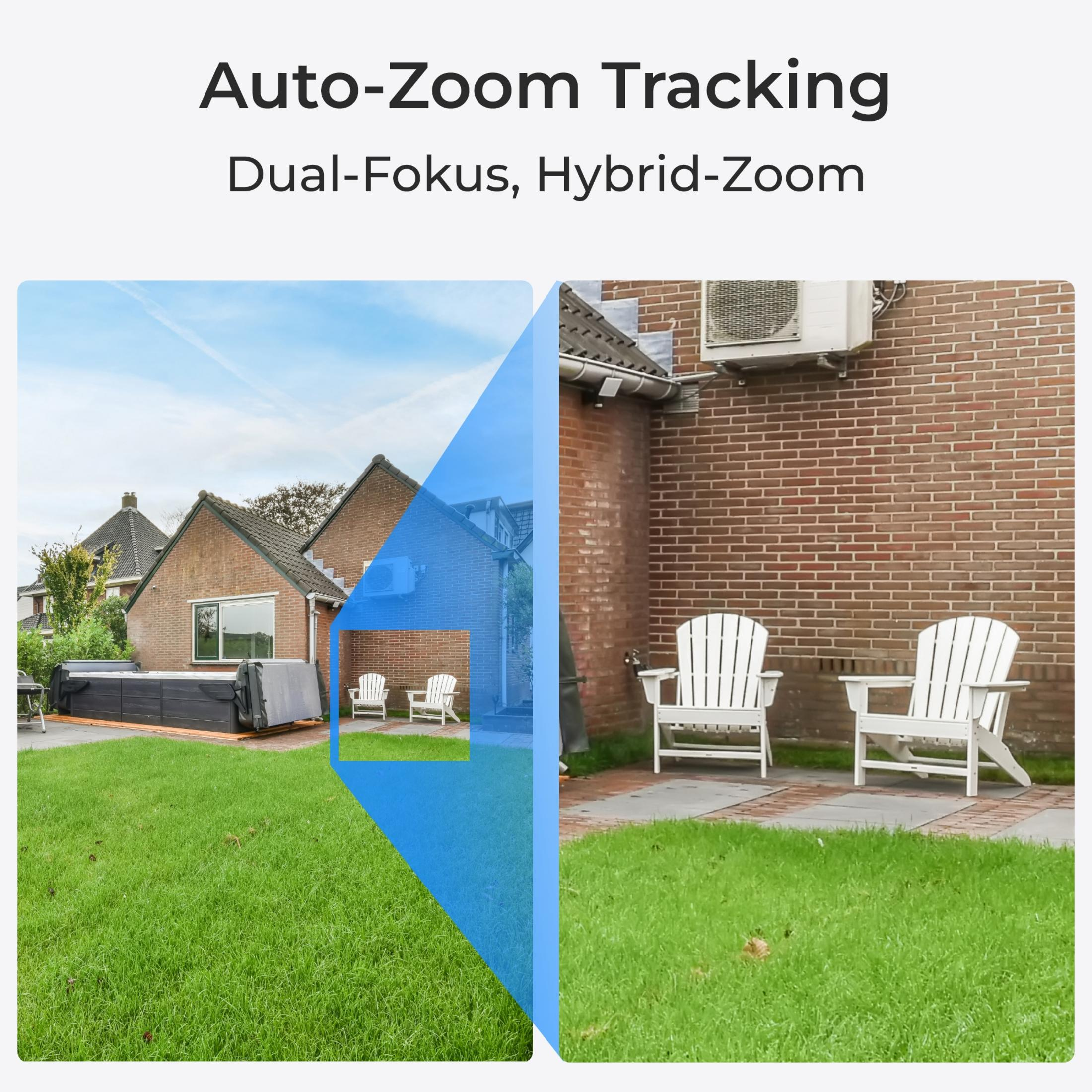 Dwa obrazy przedstawiają ogród z trawnikiem, domami i dwoma białymi krzesłami.