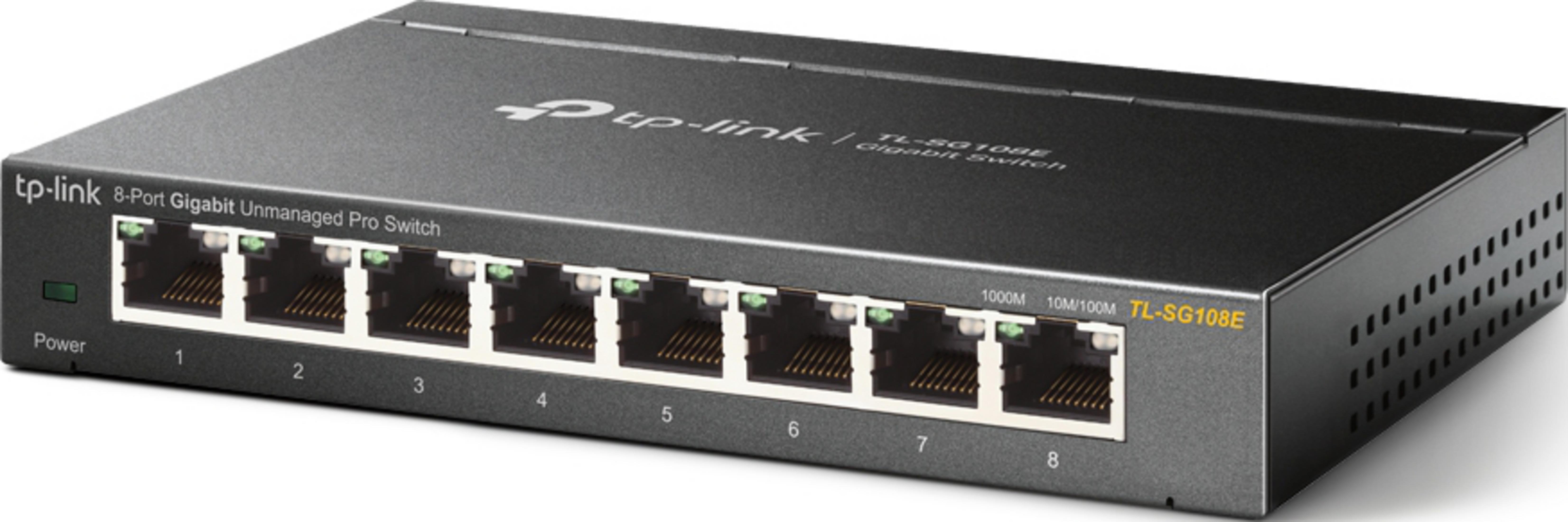 Czarny, niezarządzany przełącznik TP-Link Gigabit 8-portowy Pro z portami RJ45.