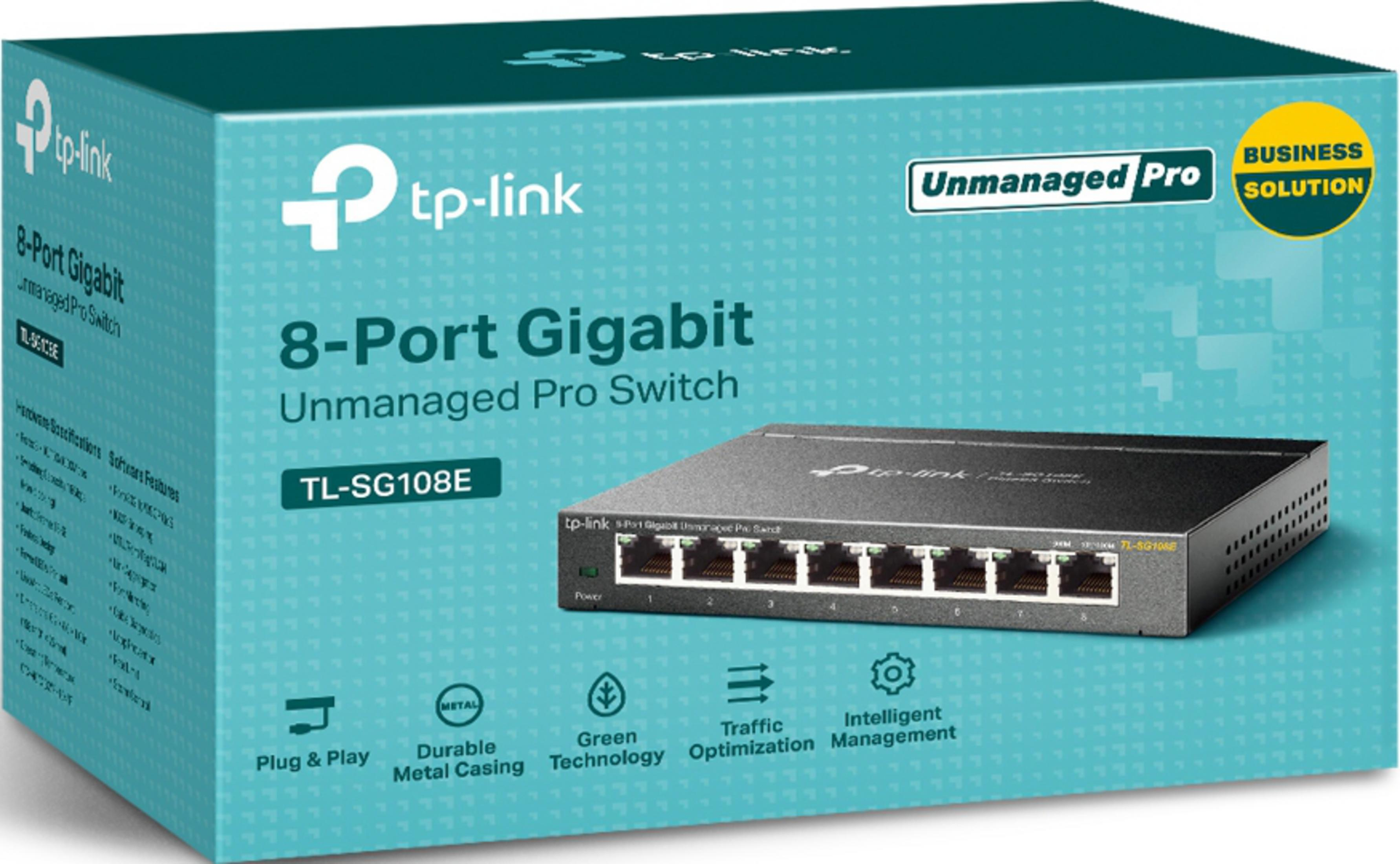 TP-Link 8-Port Gigabit Unmanaged Pro Switch TL-SG108E na turkusowym pudełku.