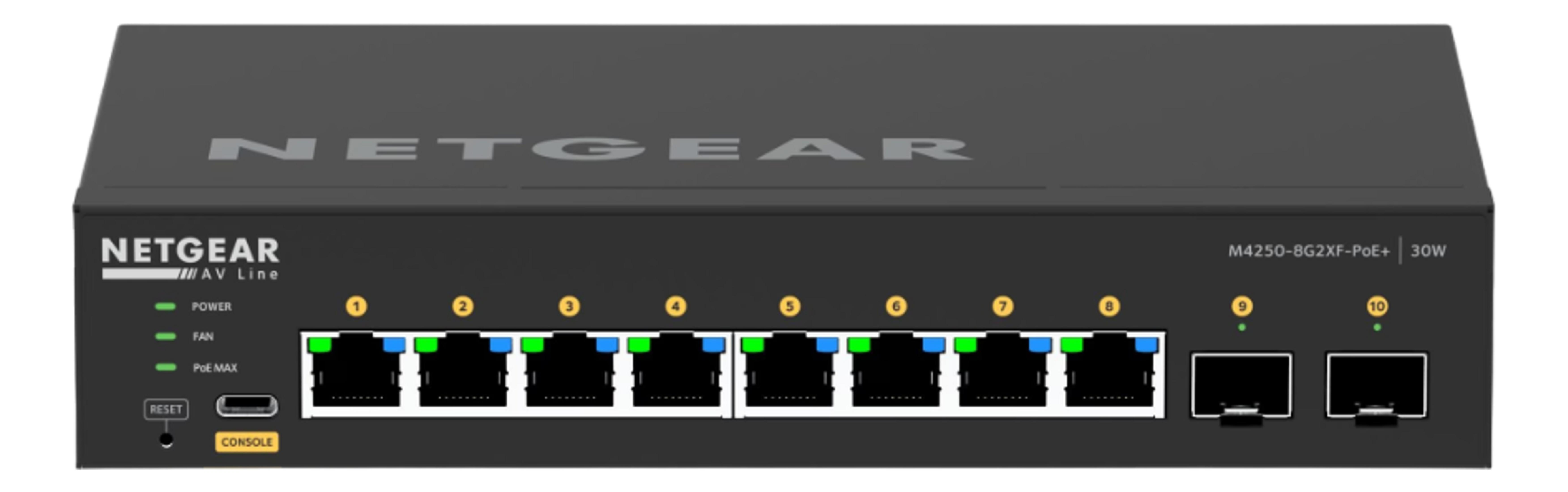 Przełącznik sieciowy z 10 portami, diodami statusu i etykietami.