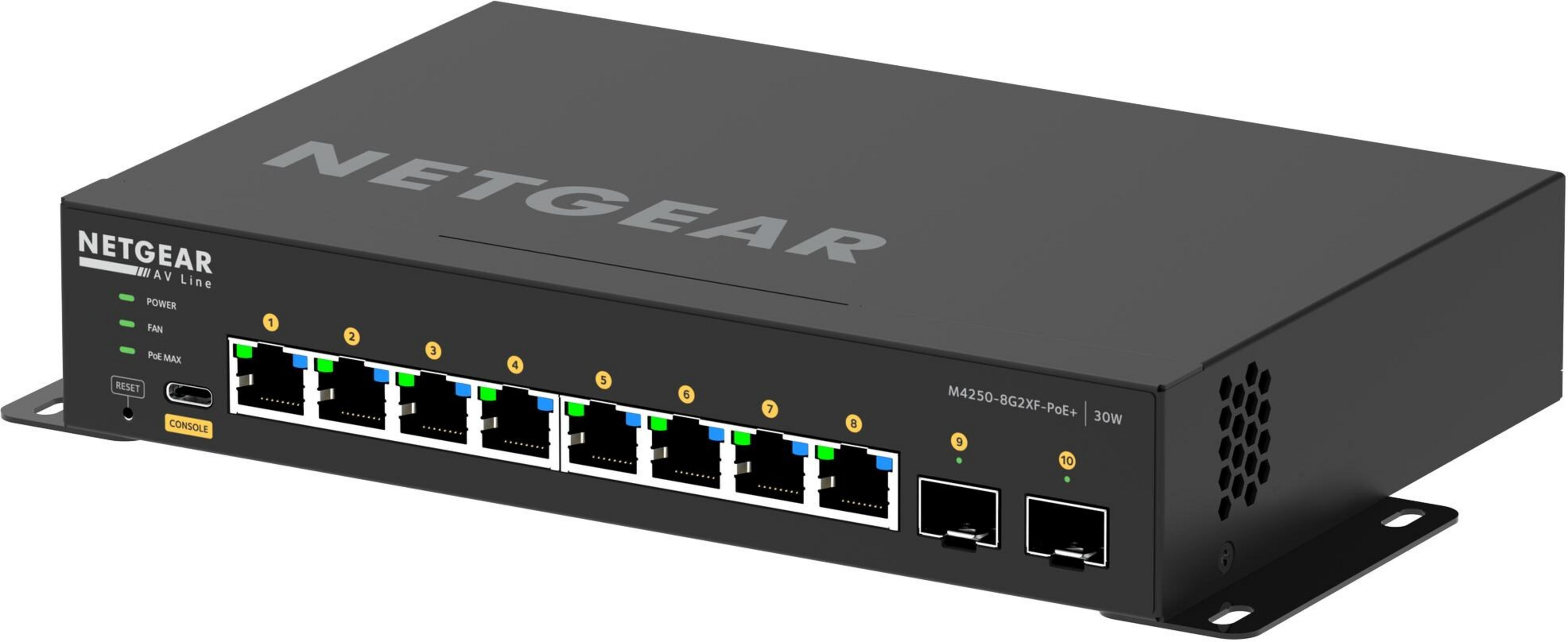 Czarny przełącznik sieciowy Netgear z 10 portami i diodami statusu.