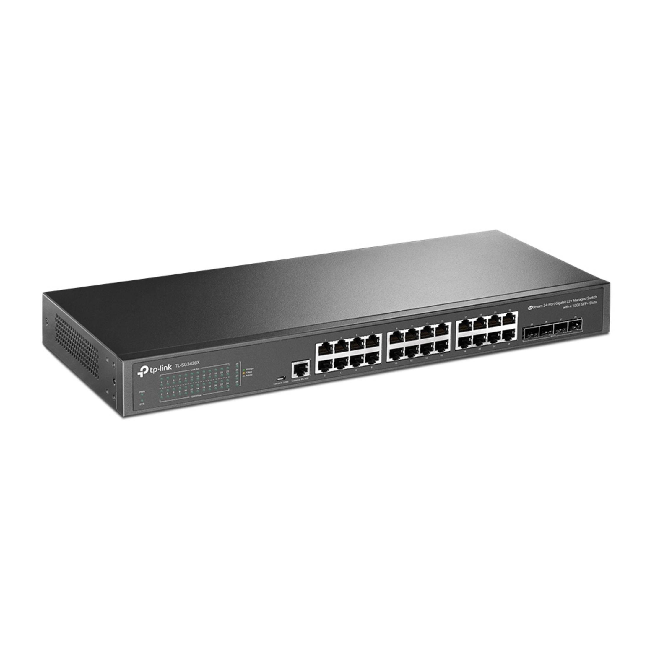 Czarny zarządzalny switch TP-Link Gigabit L2 24-portowy z 4 slotami SFP+.