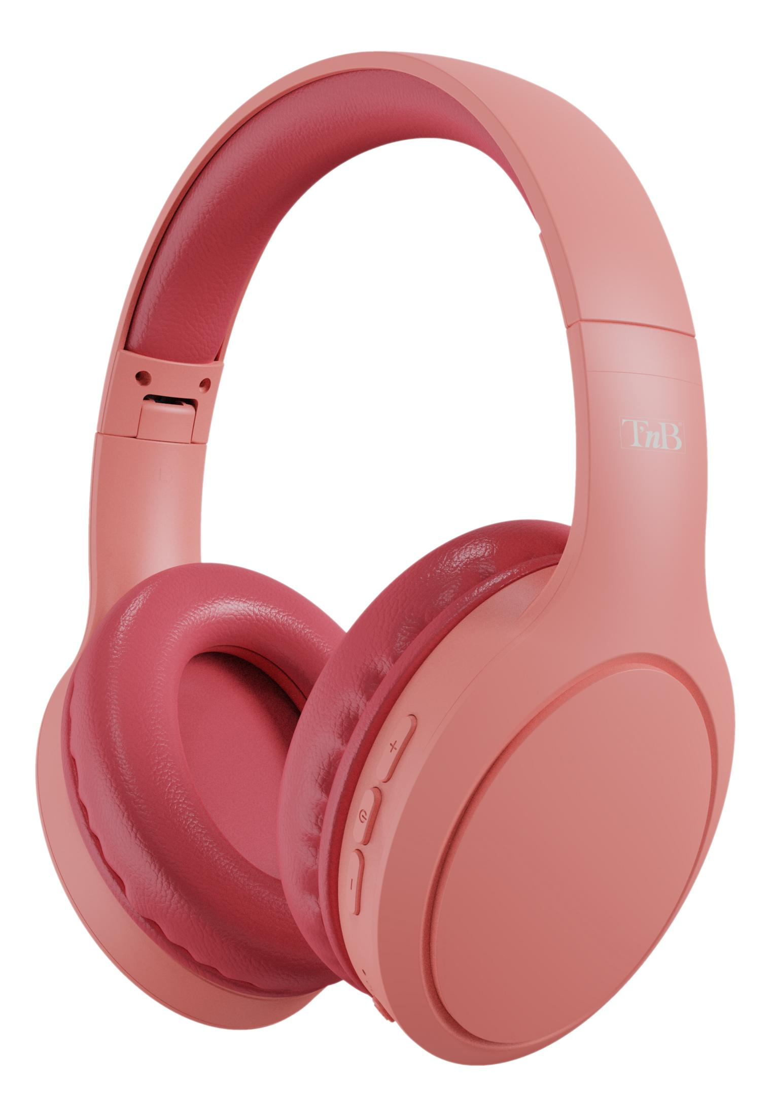 Korallenrosa Over-Ear-Kopfhörer mit Plüsch-Ohrmuscheln und verstellbarem Bügel.
