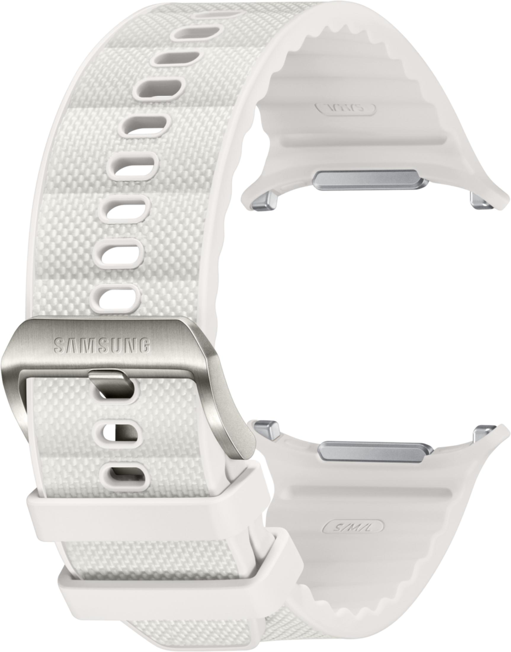 Cinturino Samsung bianco con fibbia in metallo e motivo a fori.