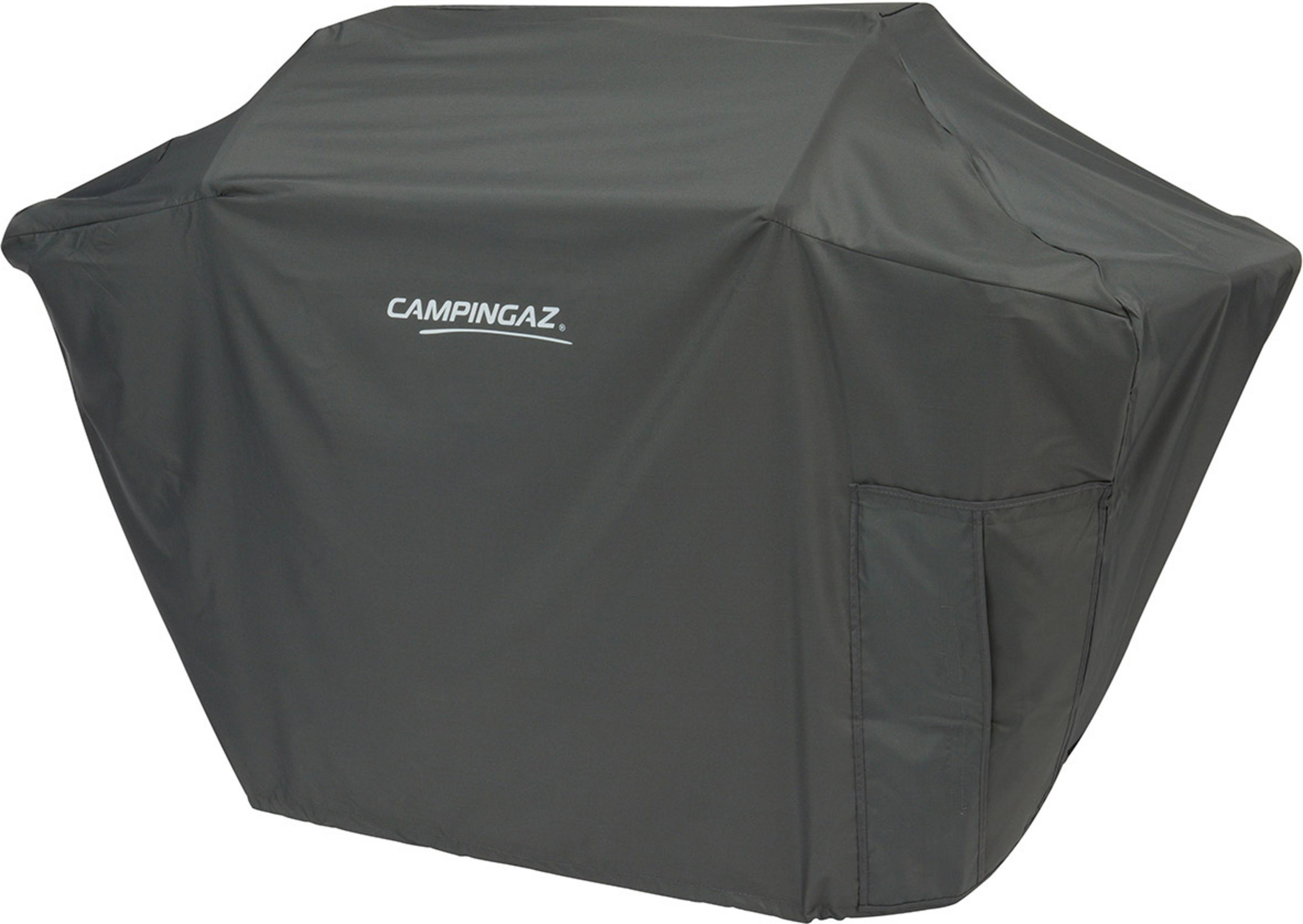Copertura grigia scura per barbecue con logo Campingaz su sfondo bianco.
