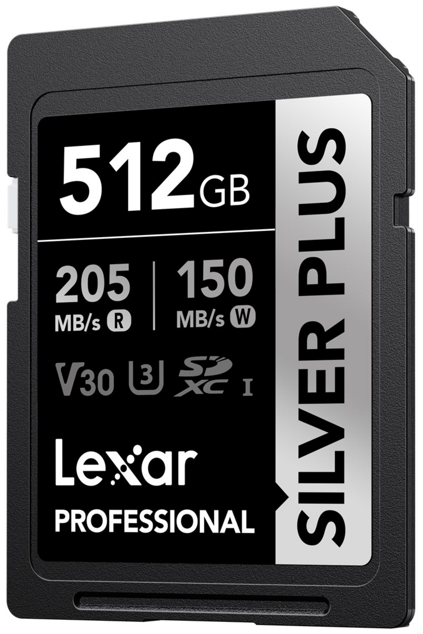 Lexar 512GB Silver Plus SD card showing speed ratings.