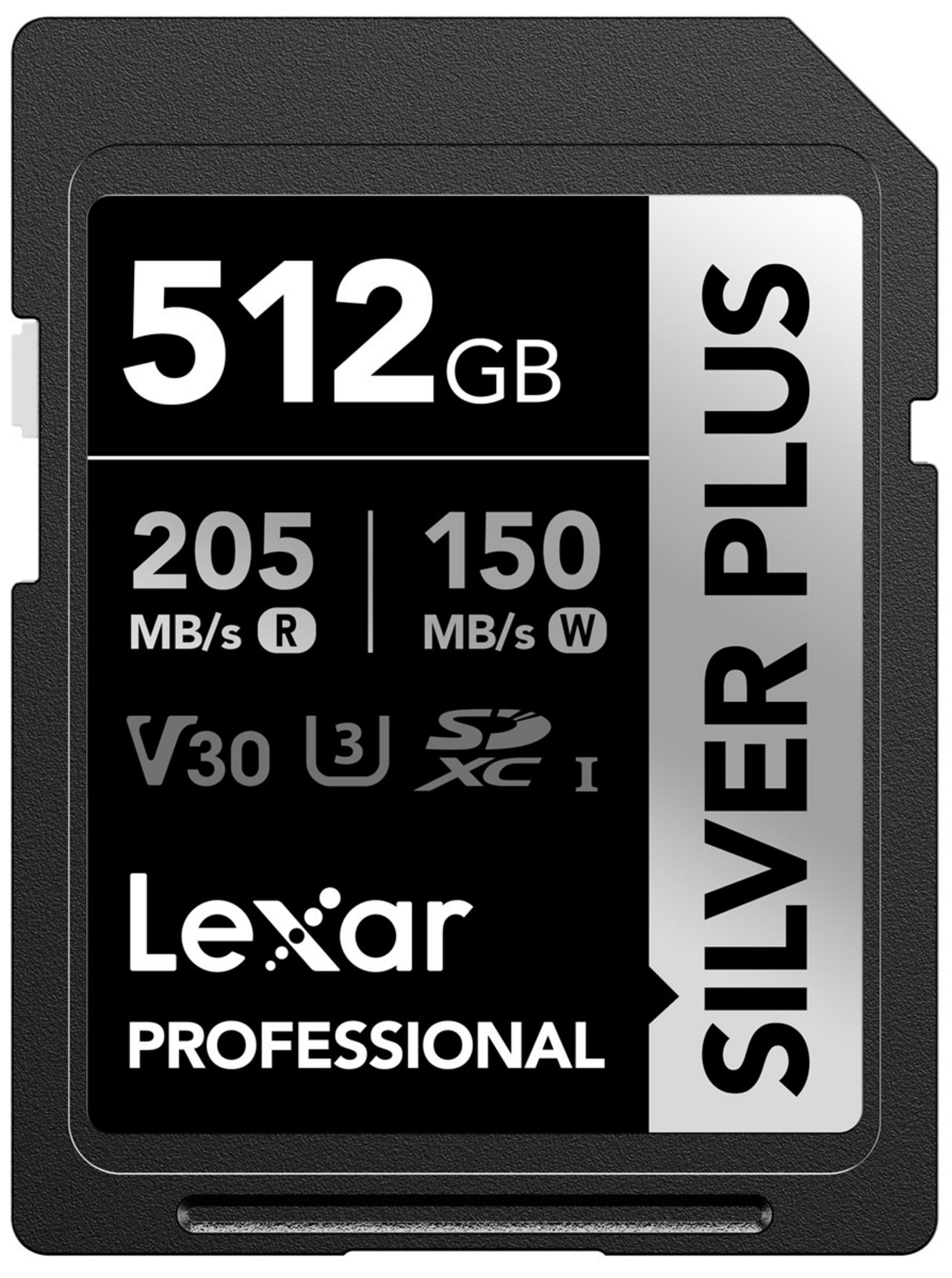 Lexar 512GB SDXC memory card with 205MB/s read and 150MB/s write speeds.