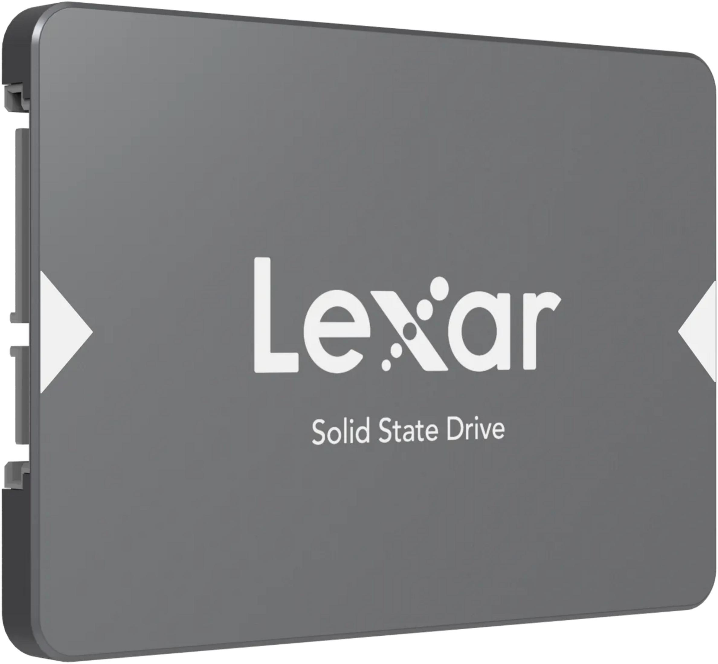 Graue SSD-Festplatte mit weißem Lexar-Logo und Pfeilen.