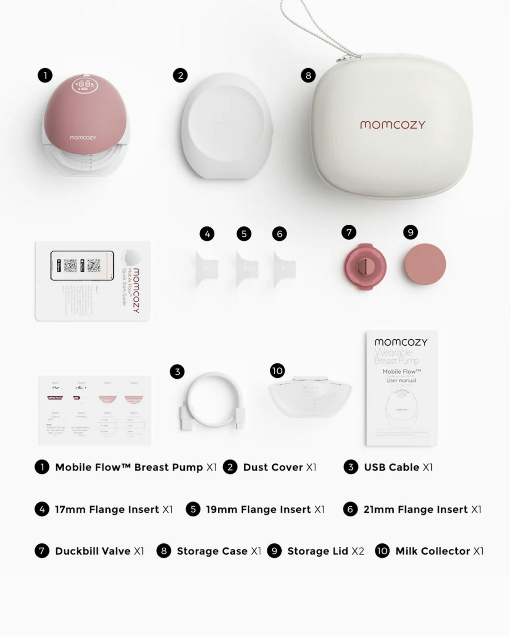 Juego de bomba de leche Momcozy con bomba, recipientes, cables y accesorios.