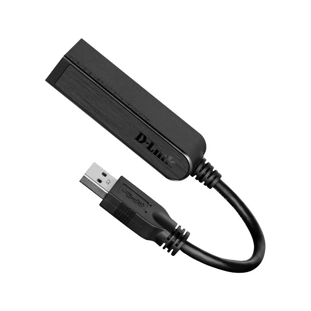 Adattatore USB a Ethernet D-Link nero con cavo e connettore su sfondo bianco.