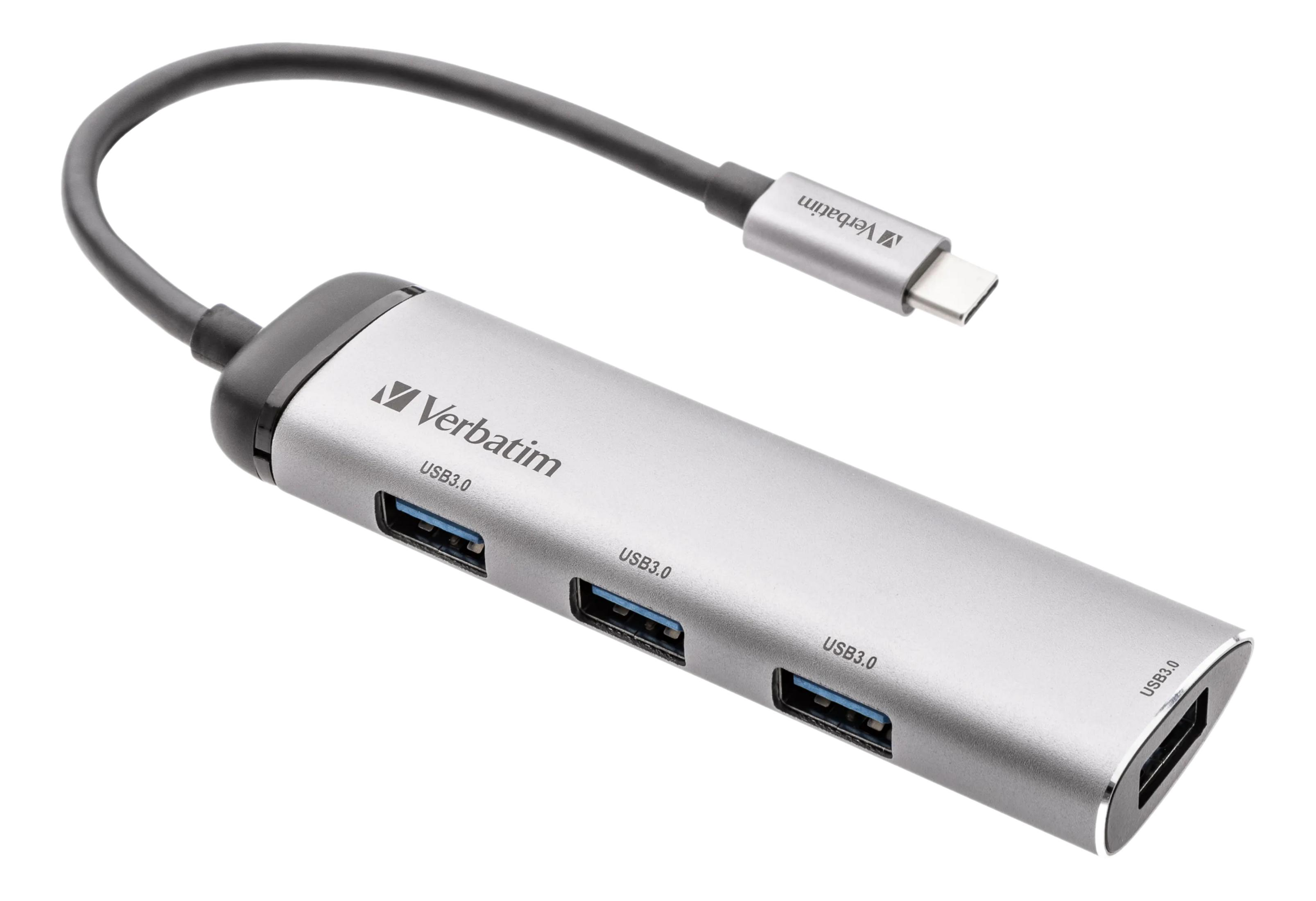 Hub USB-C argento con quattro porte USB 3.0 e un cavo.
