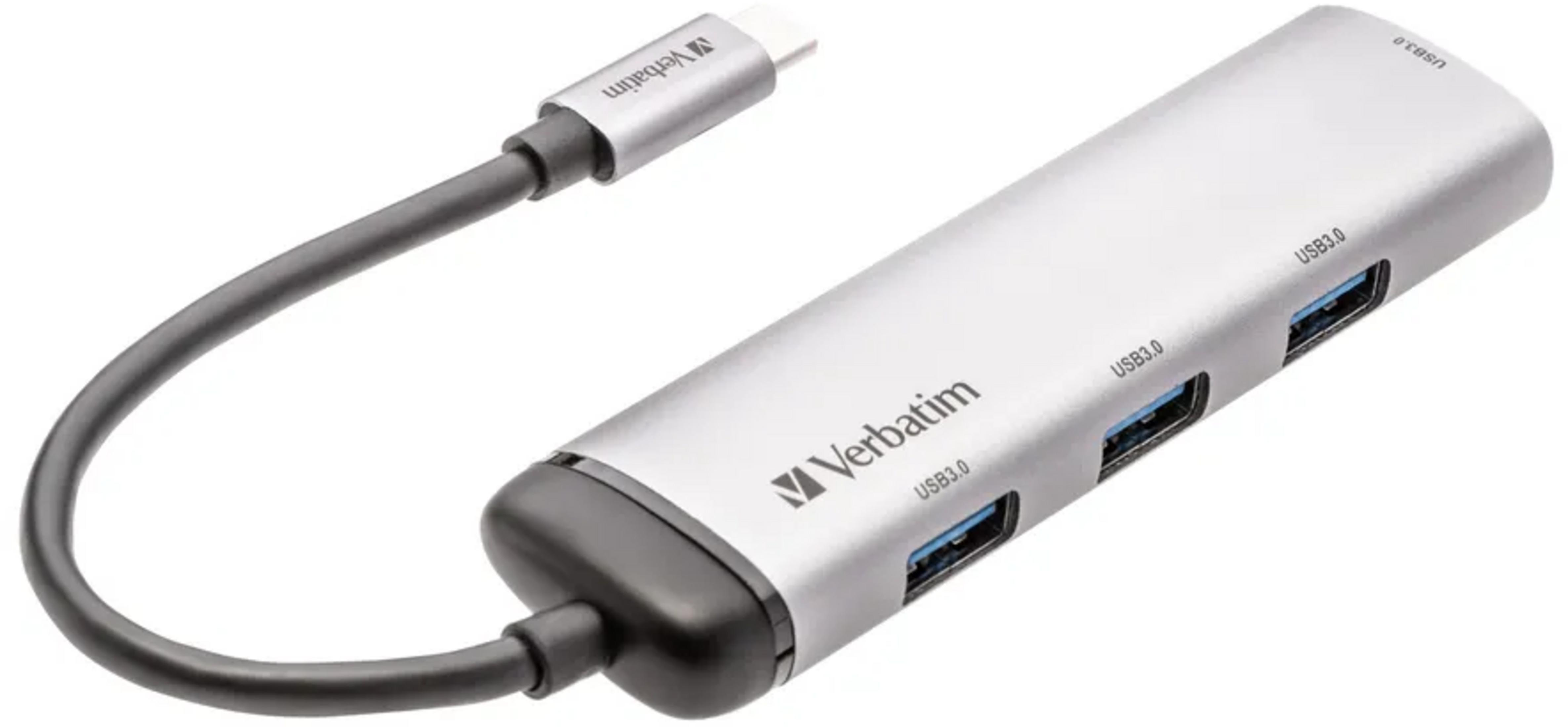 Hub USB-C argento con quattro porte USB 3.0 e un cavo.