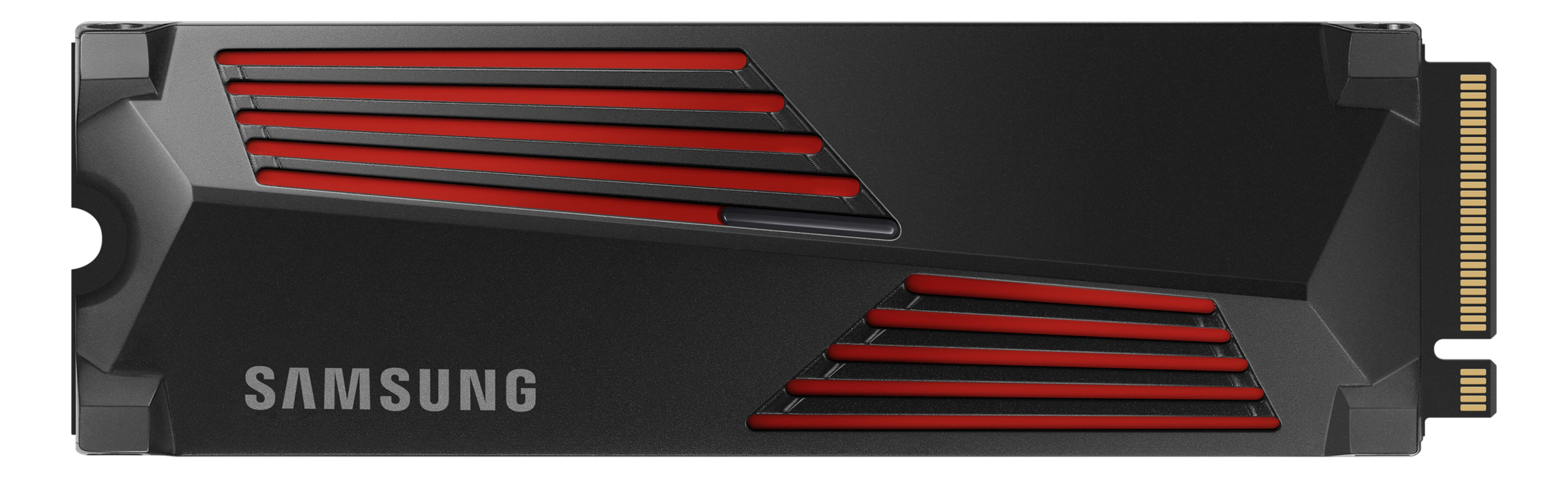 Czarny dysk SSD z czerwonymi akcentami i logo Samsung.