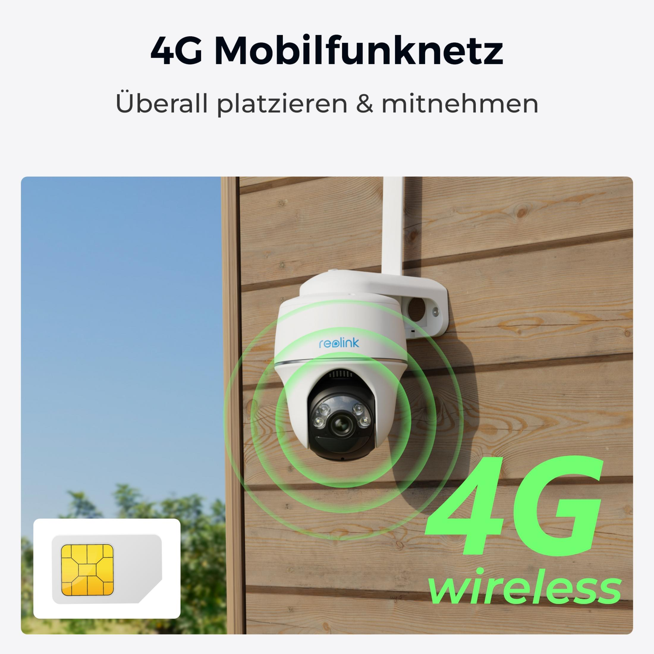 Biała kamera 4G na drewnianej ścianie, karta SIM i fale.