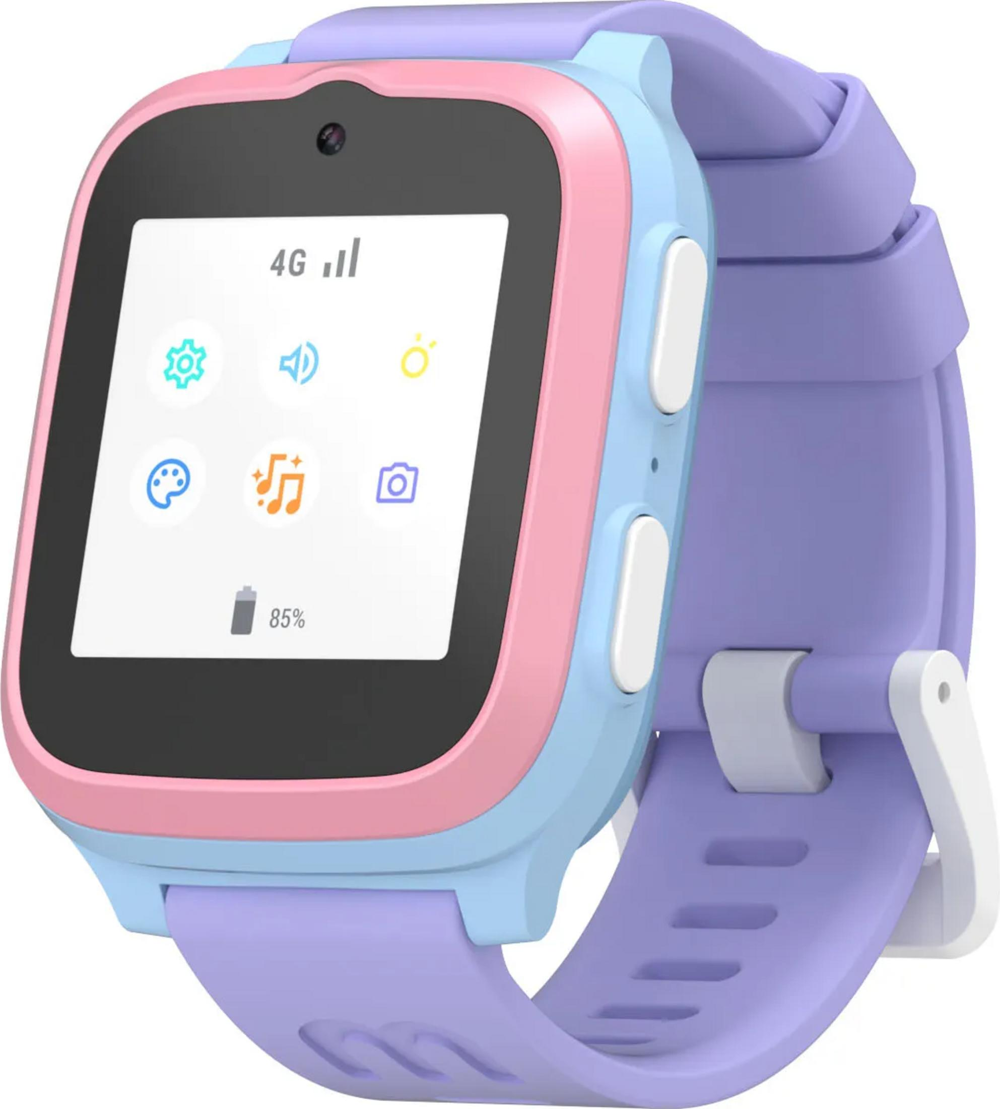 Ein rosafarbenes und hellblaues Smartwatch-Gehäuse mit einem lila Armband.