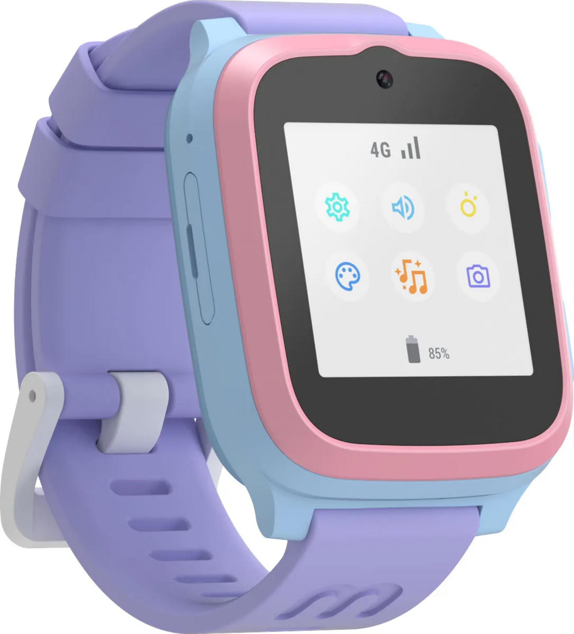 Eine lila Smartwatch mit blauem und rosa Rahmen, die 4G-Signal anzeigt.