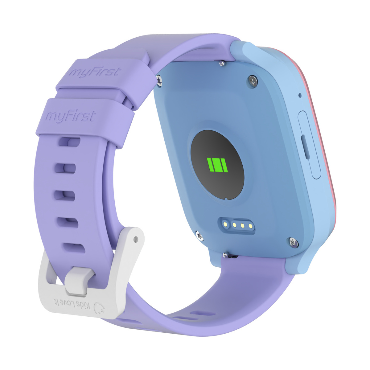 Ein blaues und lilafarbenes Kinder-Smartwatch mit Ladekontakten und Batterieanzeige.