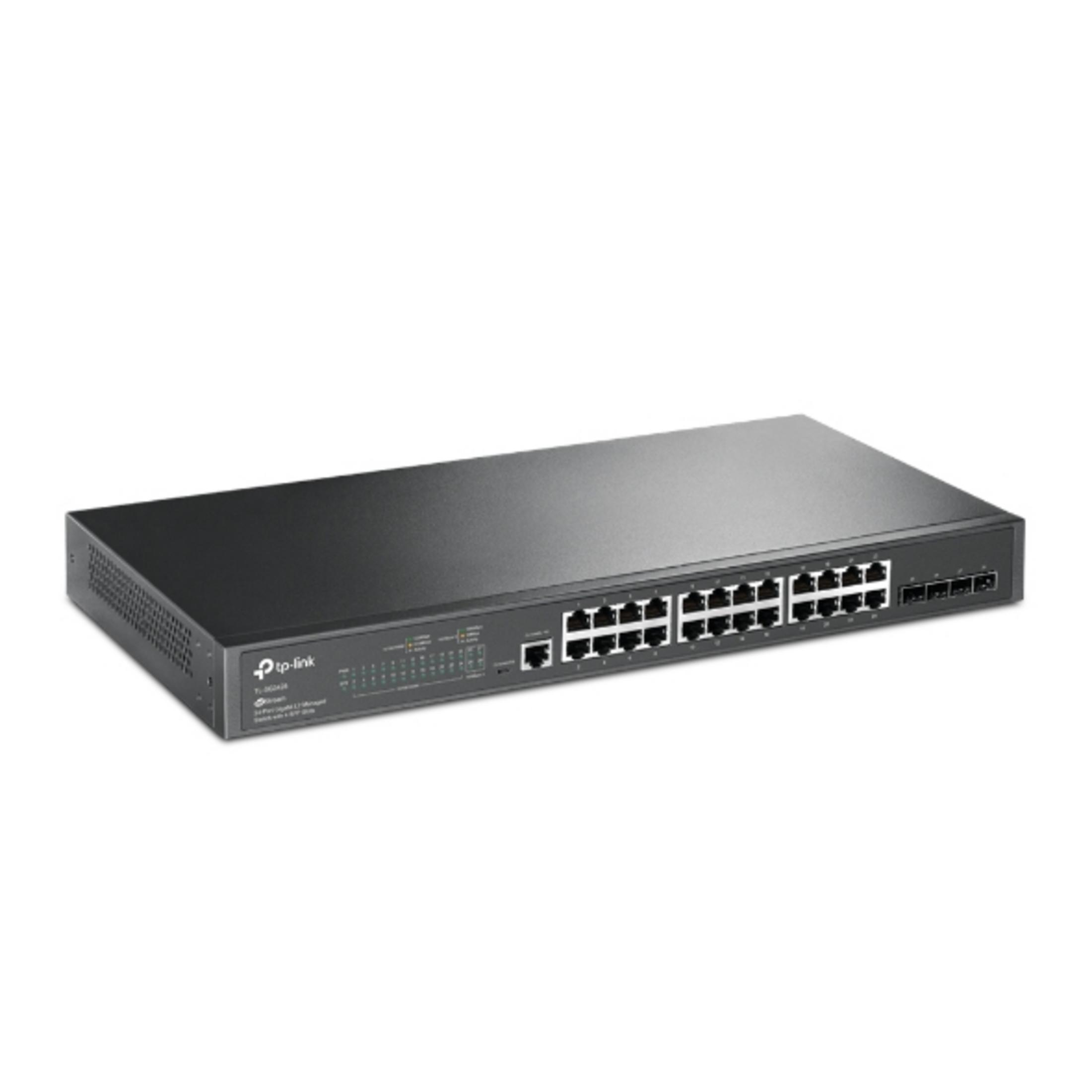 Czarny przełącznik sieciowy TP-Link z 24 portami i lampkami kontrolnymi.