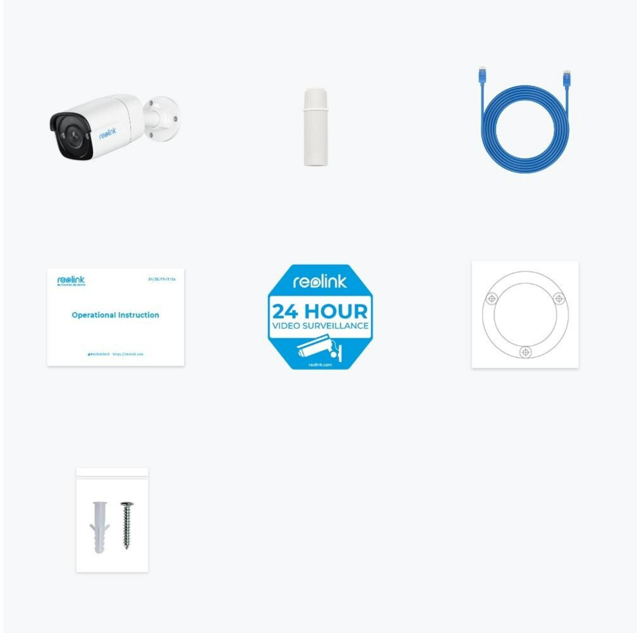 Kamera Reolink, instrukcja, kabel, uchwyt, uszczelka i śruby.