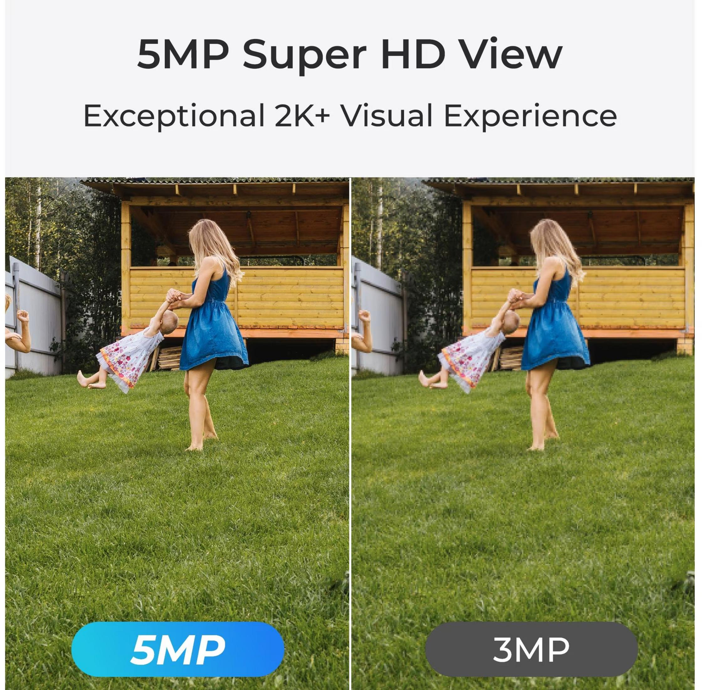Kobieta kręci dzieckiem w ogrodzie. Porównanie 5MP i 3MP.