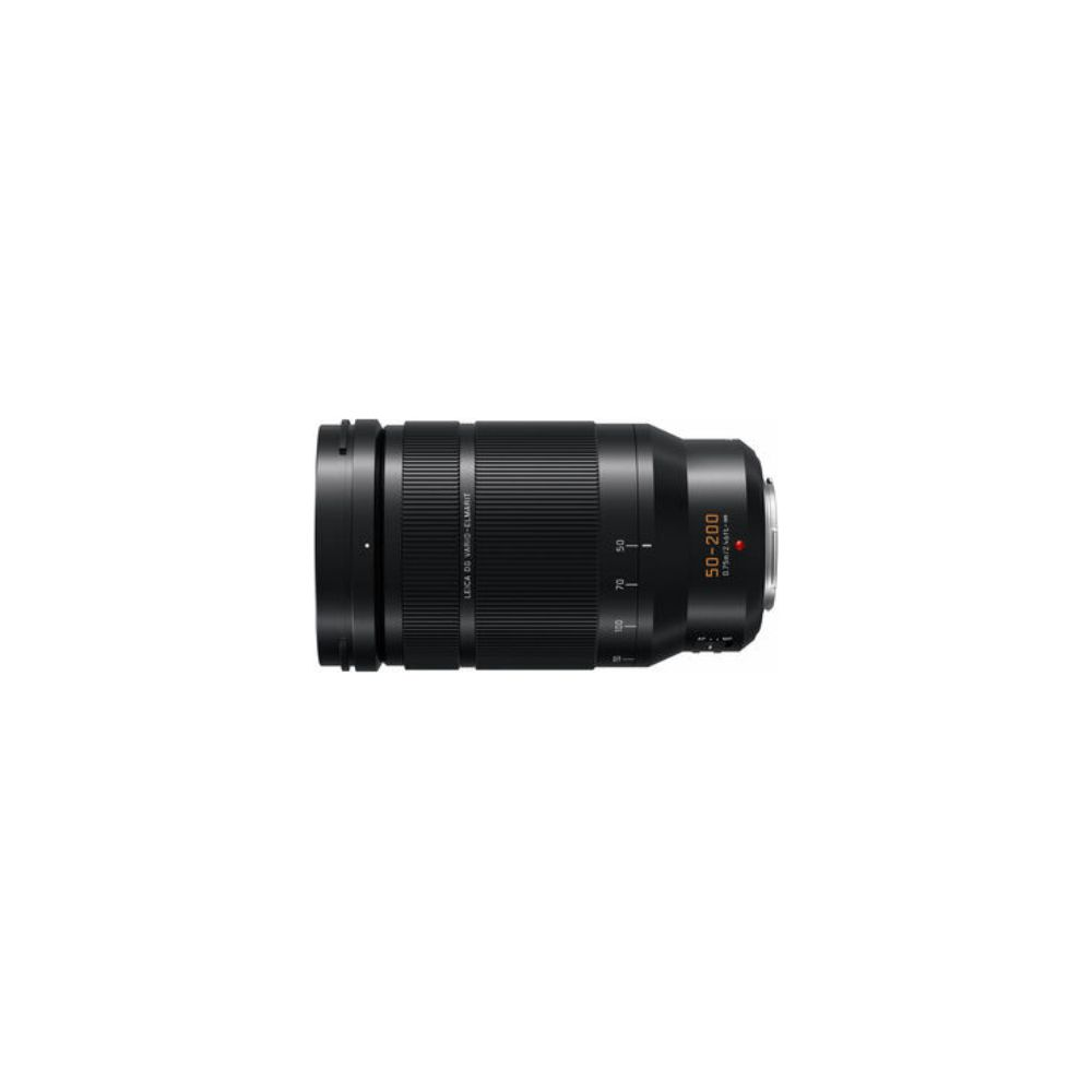 Ein schwarzes Leica 50-200mm Zoomobjektiv mit Fokus- und Zoomringen.