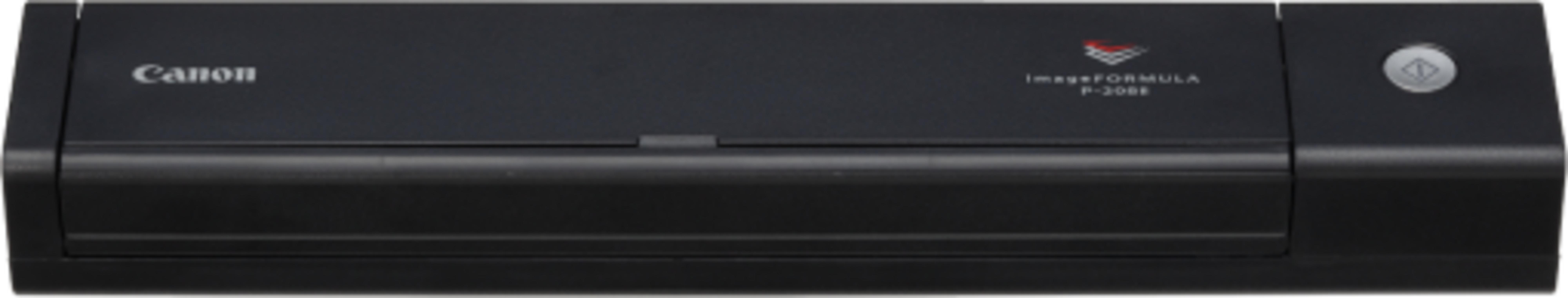 Czarny skaner Canon ImageFORMULA P-300 z srebrnym przyciskiem.