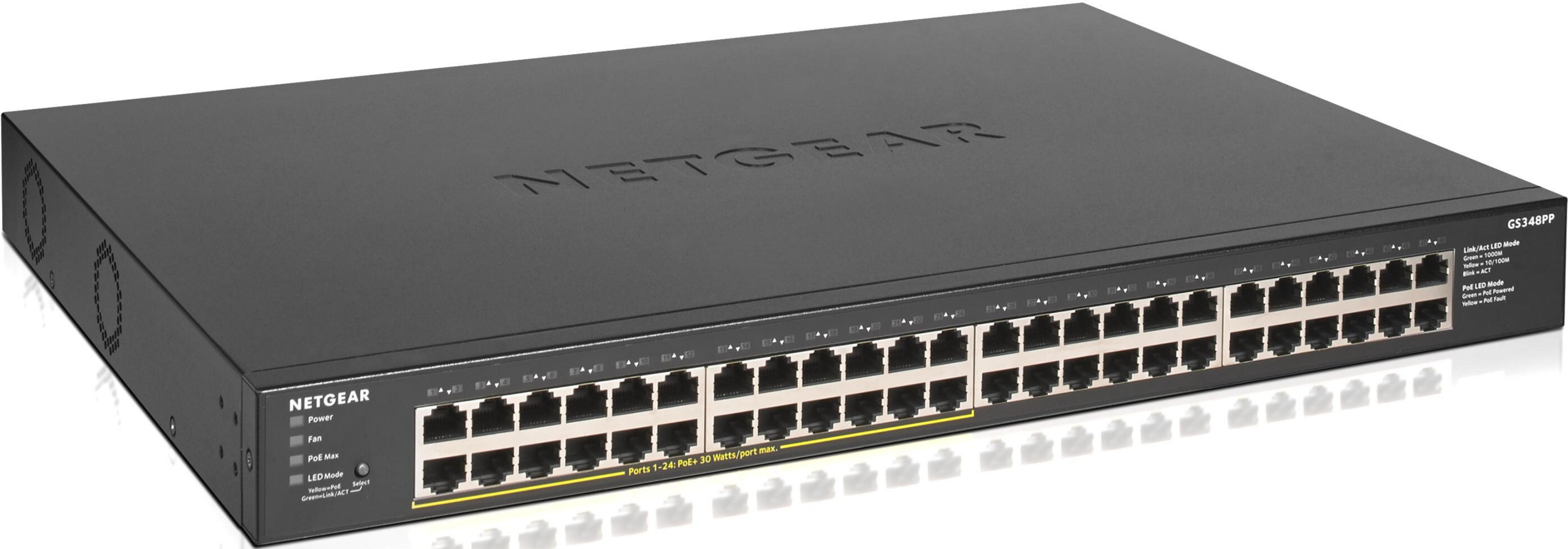 Een zwarte Netgear GS348PP switch met 48 poorten en LED's.