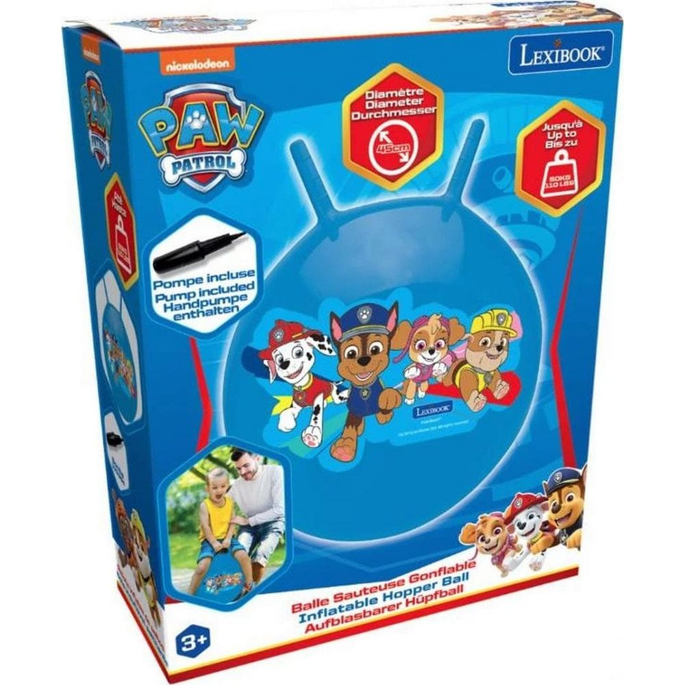 Embalaje de una pelota saltarina de Paw Patrol con los personajes Chase, Marshall, Skye y Rubble.