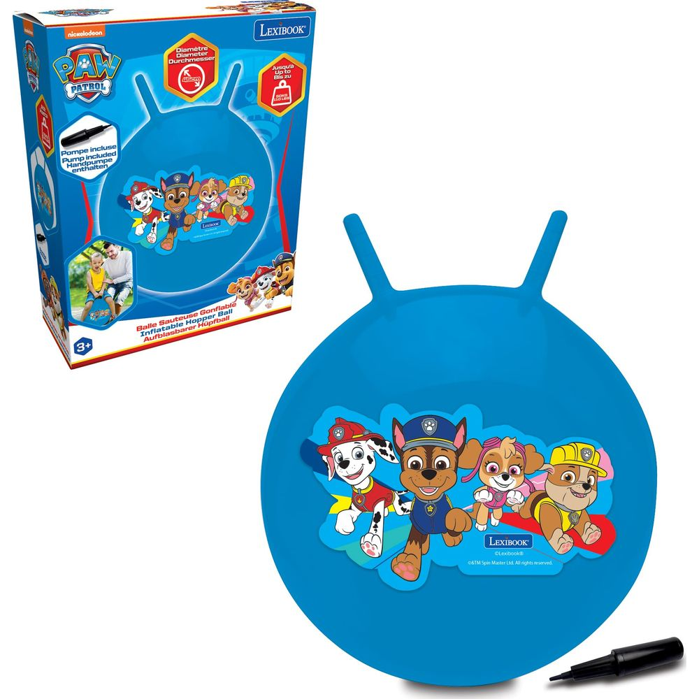 Pelota saltarina azul con personajes de Paw Patrol y bomba al lado.