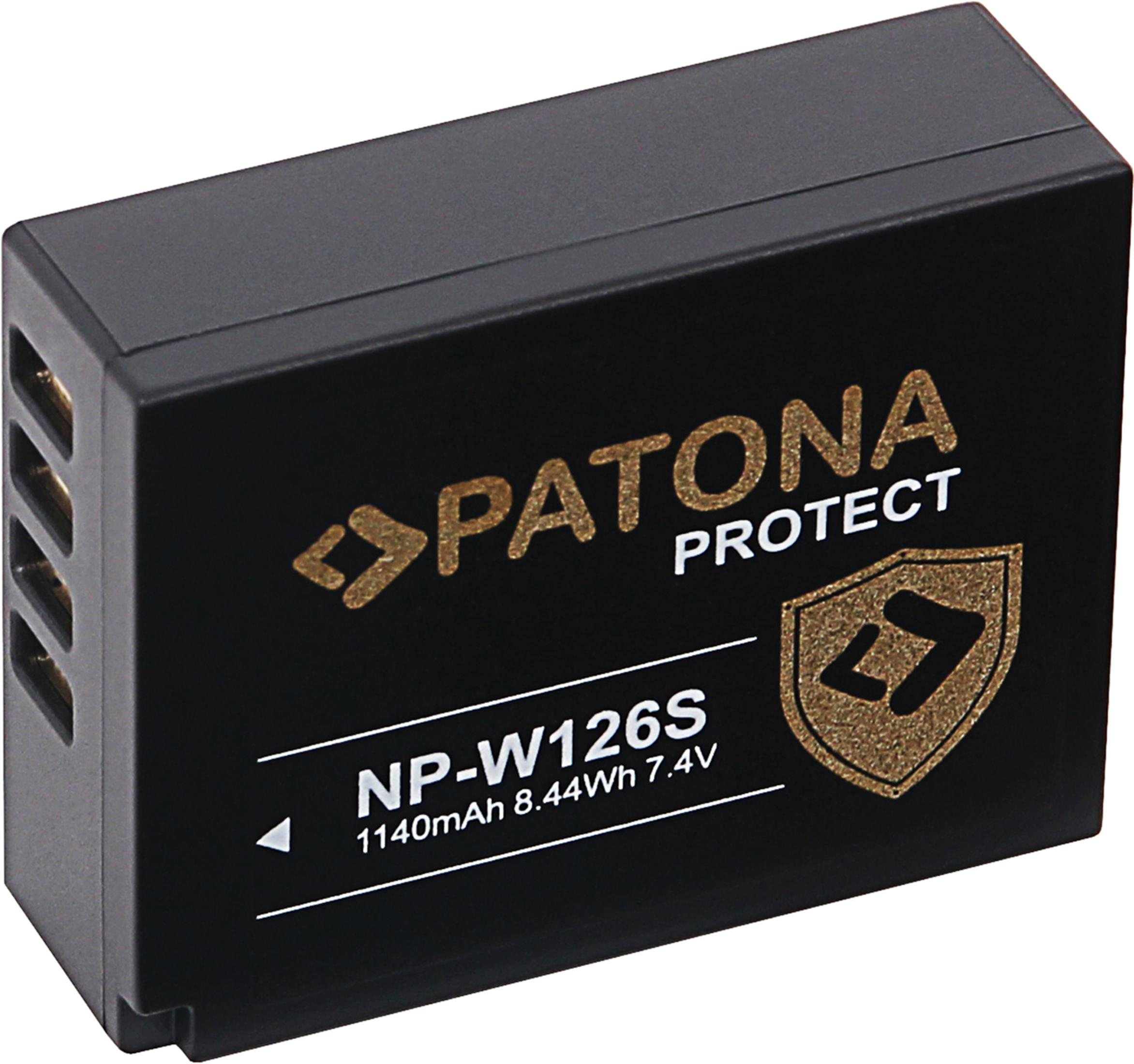 Batteria nera con testo dorato: PATONA PROTECT, NP-W126S, 1140mAh 8.44Wh 7.4V.
