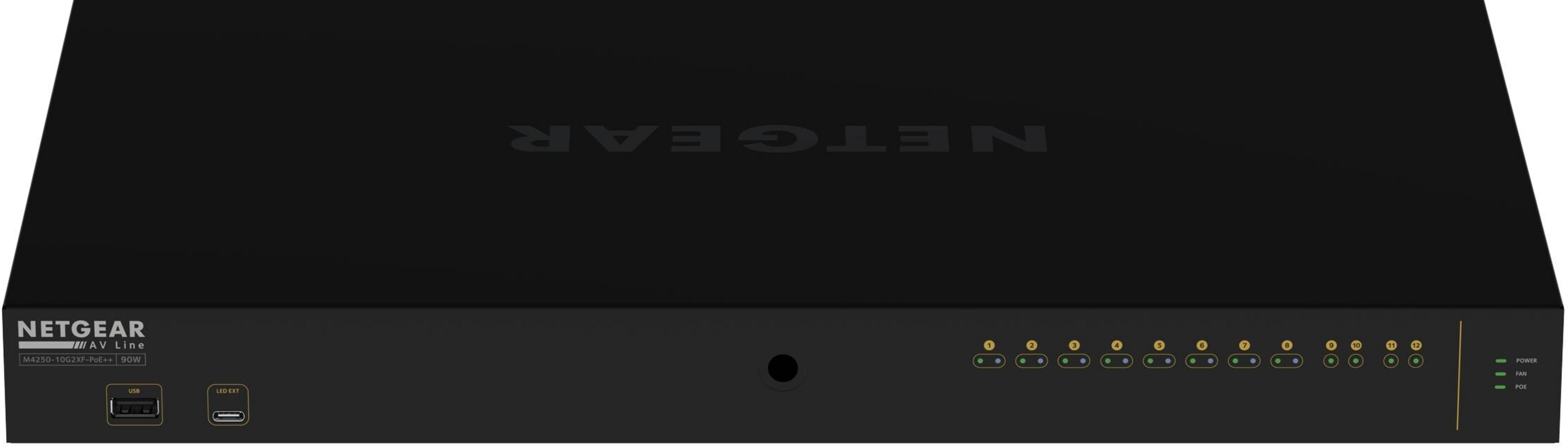 Czarny przełącznik Netgear AV Line z 12 portami, USB, LED EXT, wskaźnikami zasilania, wentylatora i PoE.