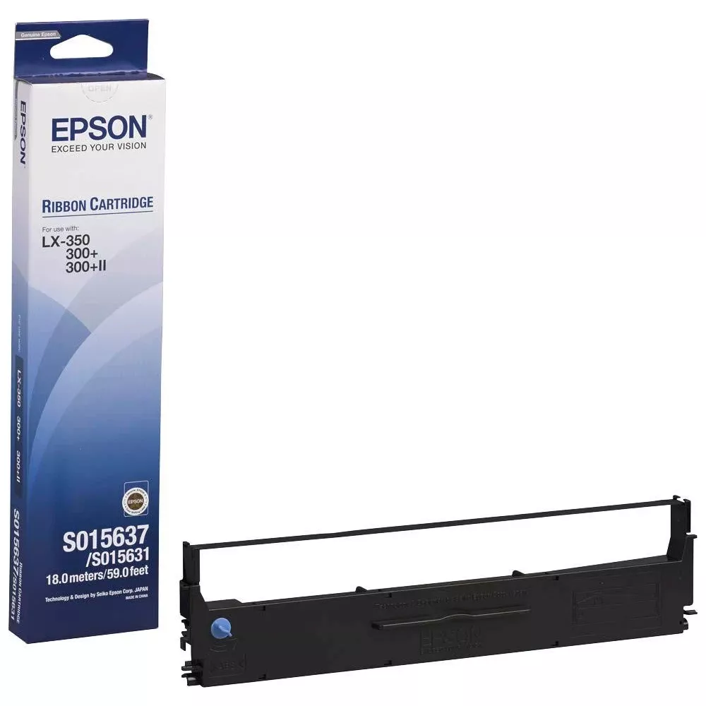 Cartuccia nastro Epson per LX-350, 300+, 300+II, 18m. Scatola e cartuccia.