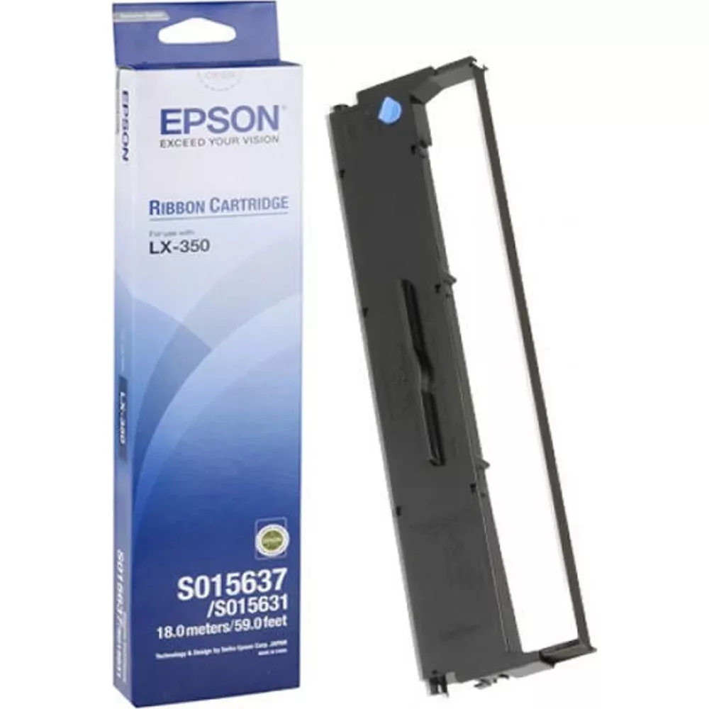Cartuccia nastro Epson LX-350 e nastro di ricambio su bianco.