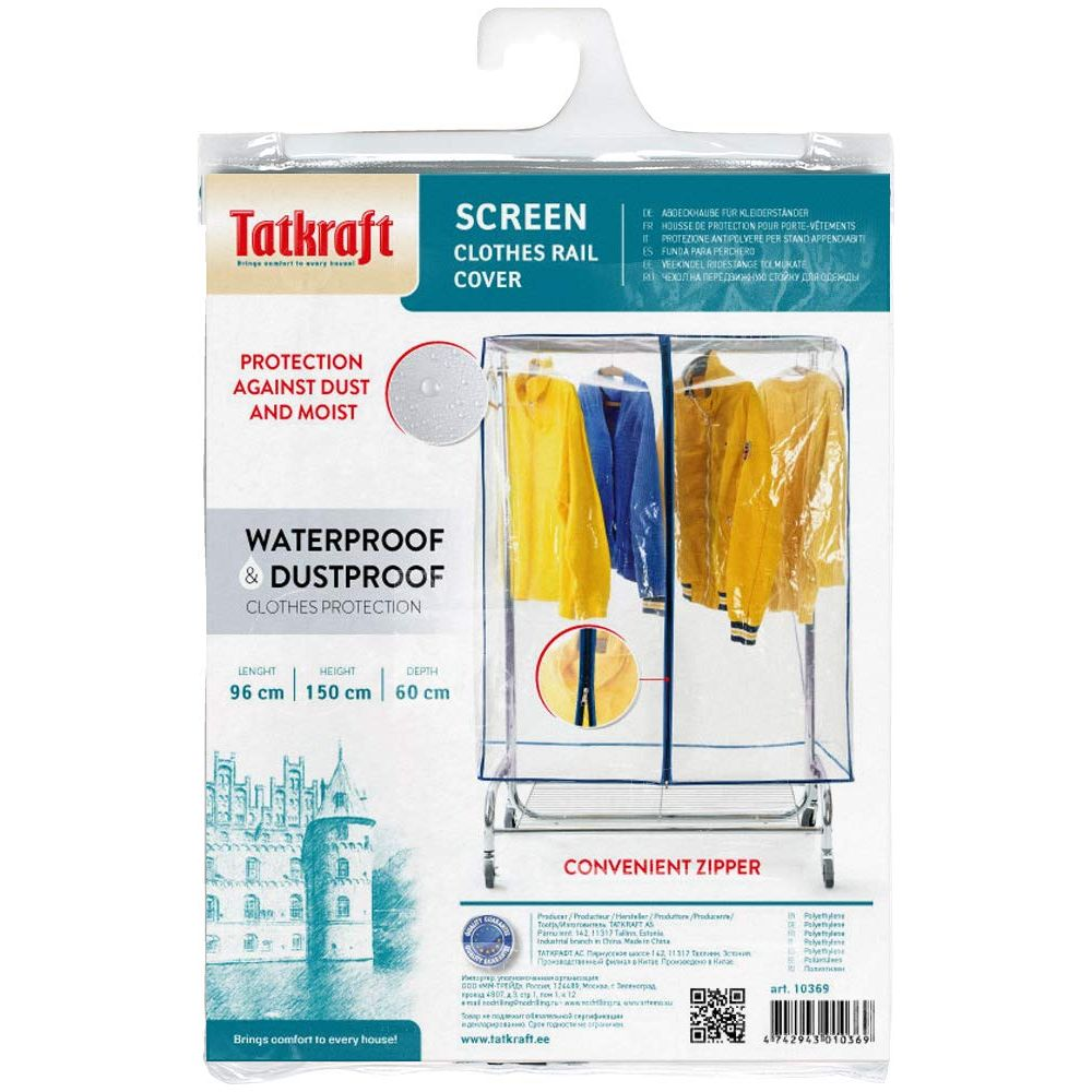 Transparente Kleiderhülle für Kleiderständer mit gelben und blauen Kleidungsstücken.