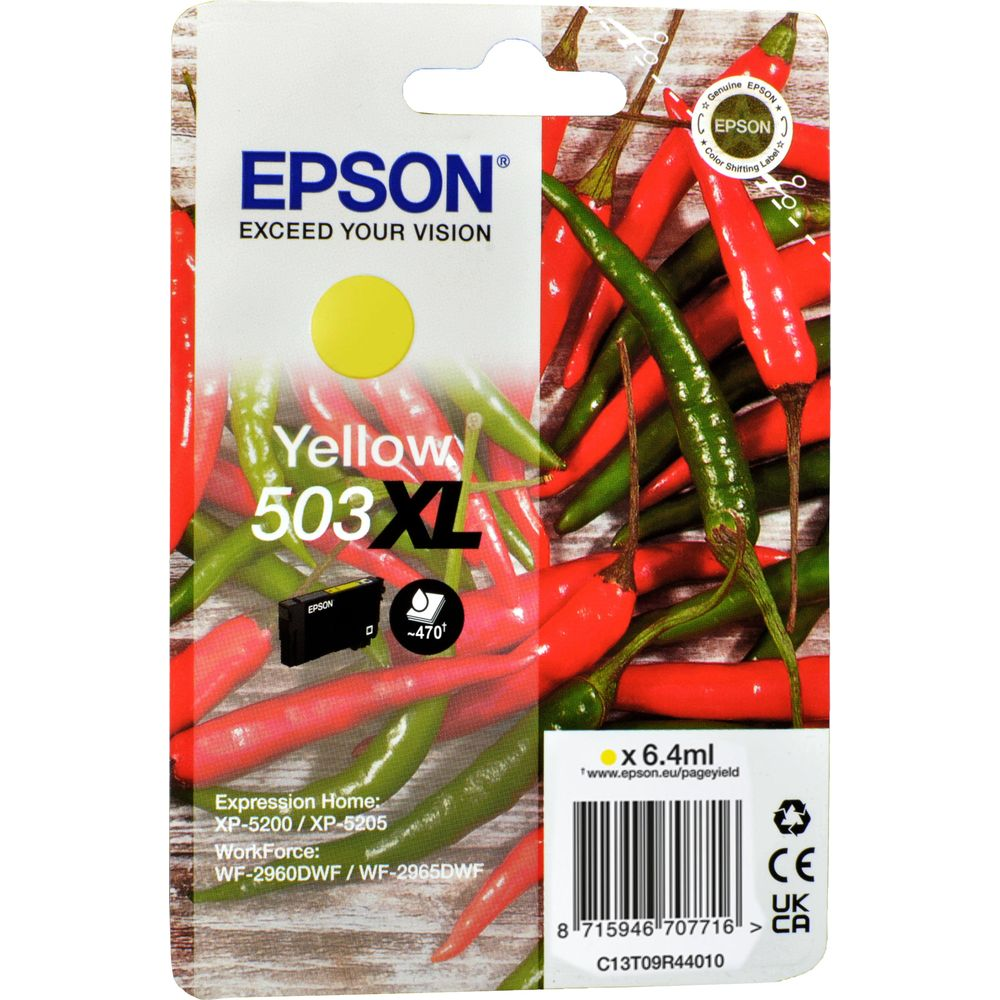 Żółty tusz Epson 503XL z czerwonymi i zielonymi papryczkami chili.