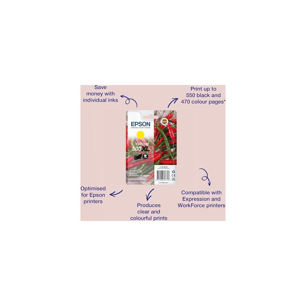 Żółty tusz Epson 503XL zapakowany z papryczkami chili. Tekst o wydajności druku.