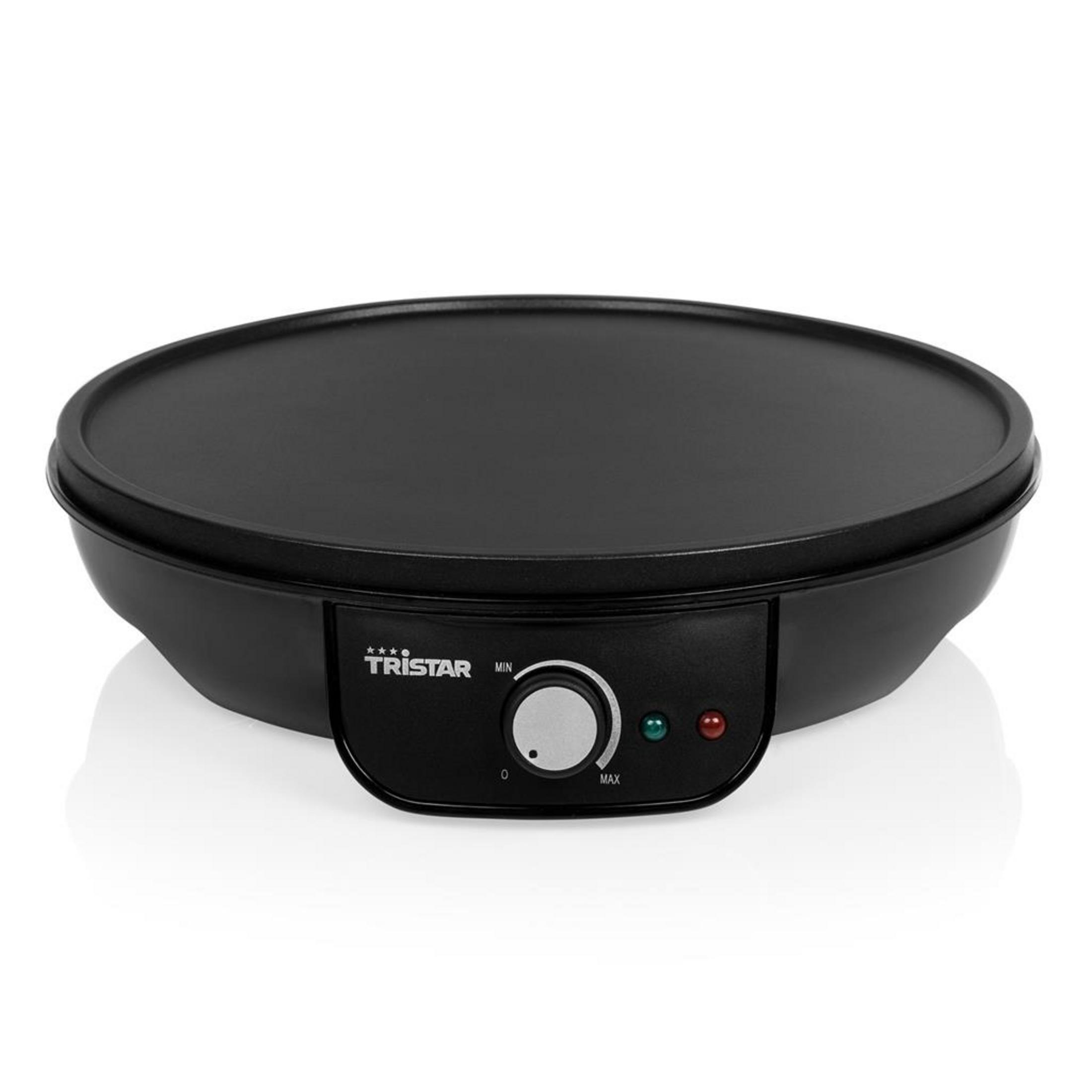 Czarna patelnia do naleśników z pokrętłem i lampkami kontrolnymi na białym tle.