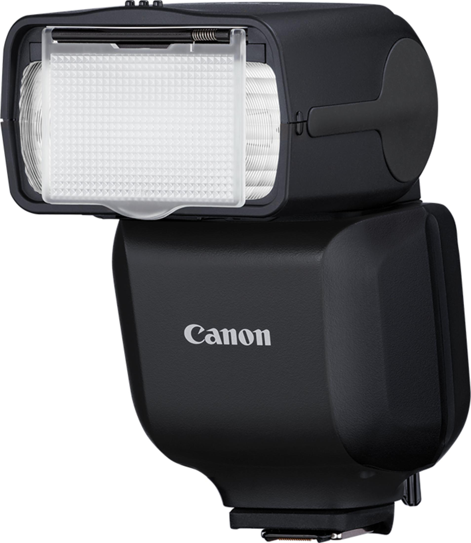 Schwarzer Canon Blitz mit Diffusor und silbernem Logo.