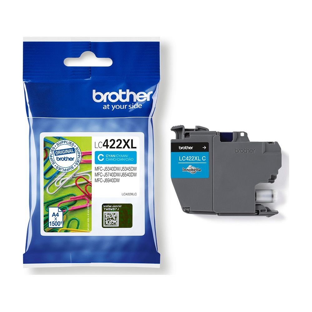 Niebieskie opakowanie tuszu Brother i cyjanowa kaseta z tuszem.