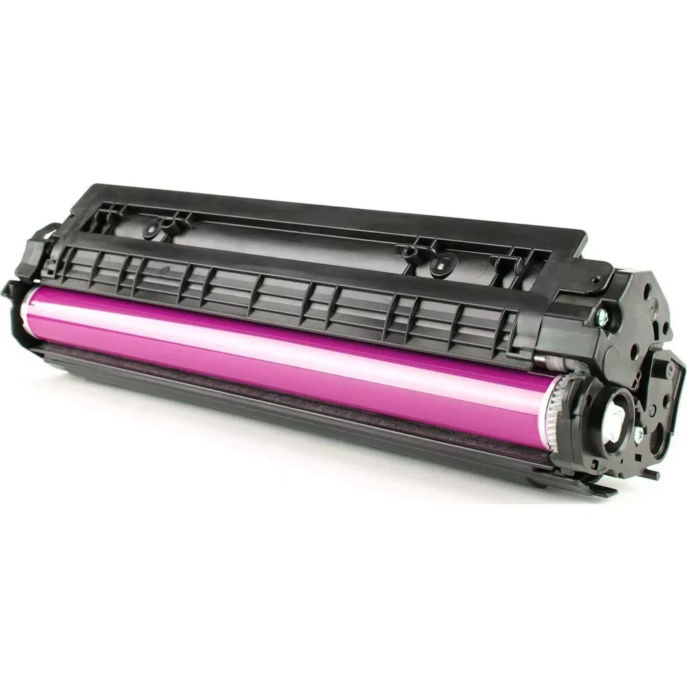 Een zwarte drumunit-cartridge met een glanzende magenta rol.