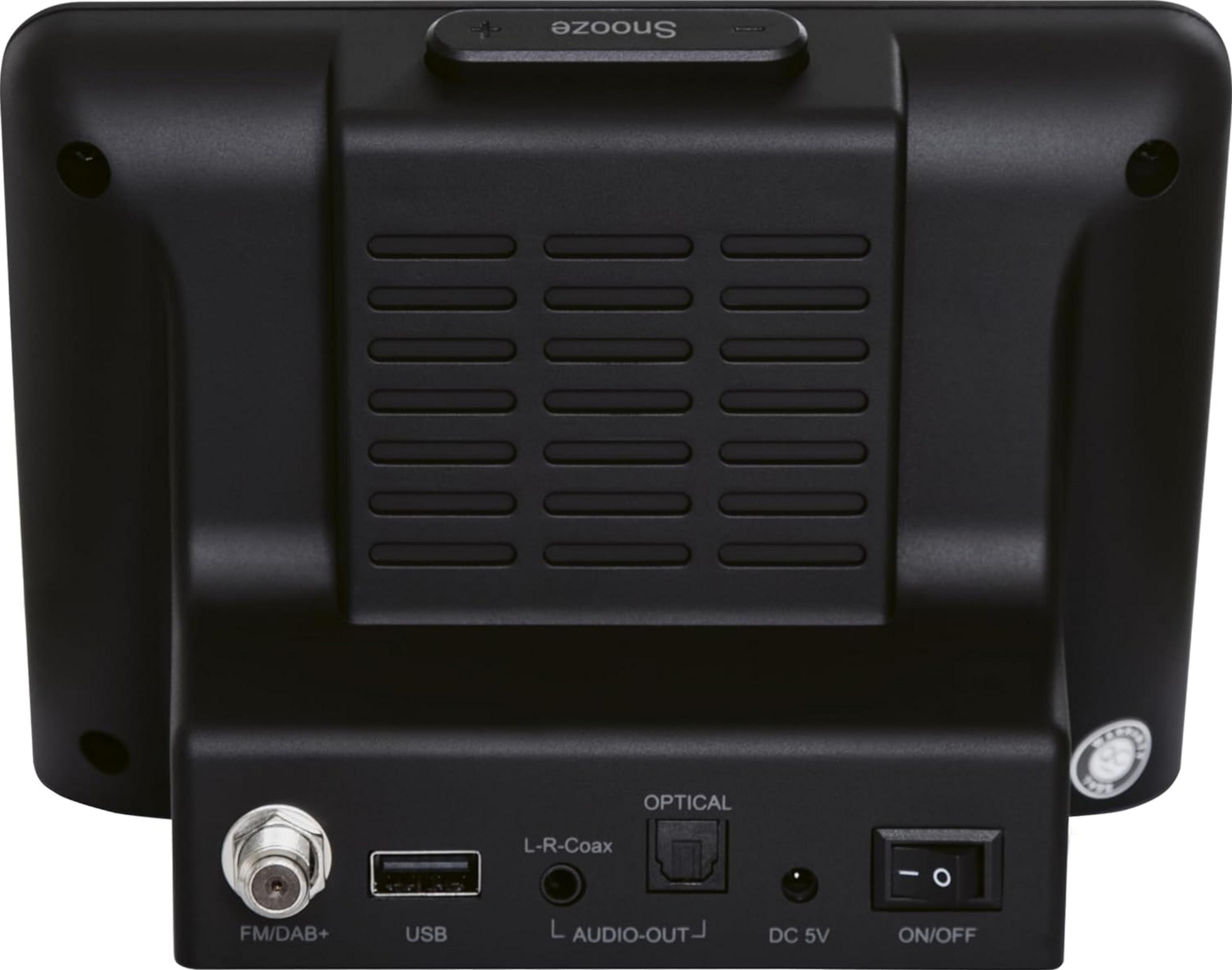 Tył czarnego urządzenia z portami: FM/DAB+, USB, L-R-Coax, OPTICAL, DC 5V, WŁ./WYŁ.