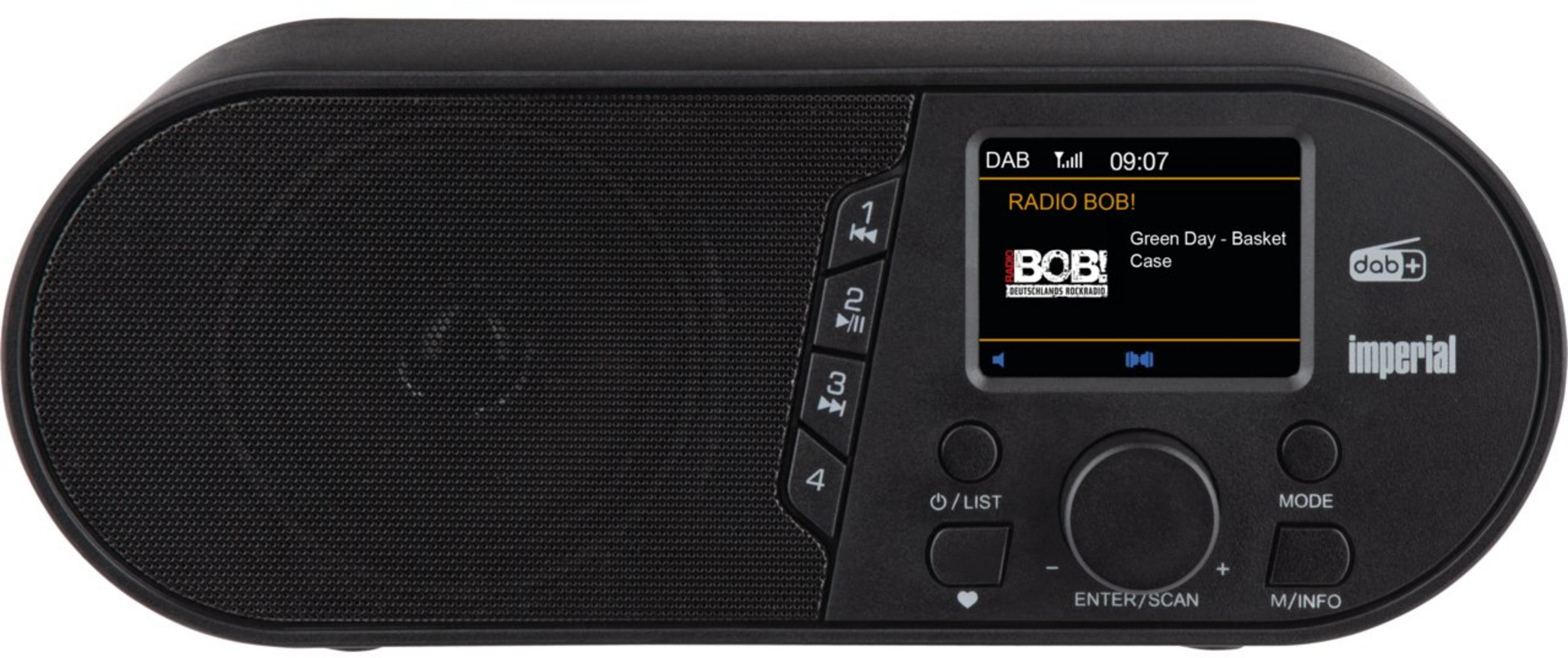 Radio DAB+ negra con altavoz, pantalla, botones y dial giratorio.