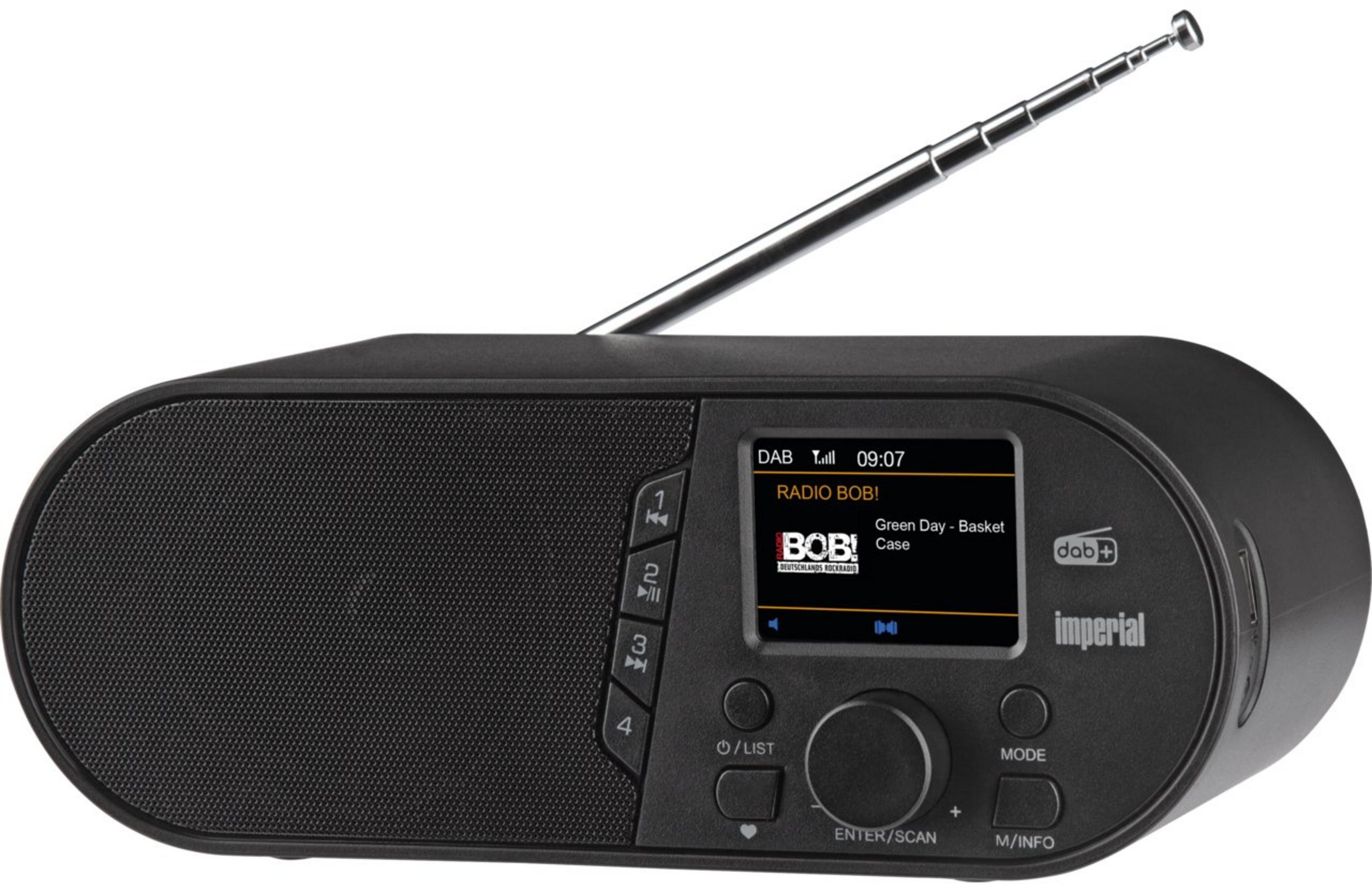 Una radio DAB+ negra con antena extendida y pantalla.