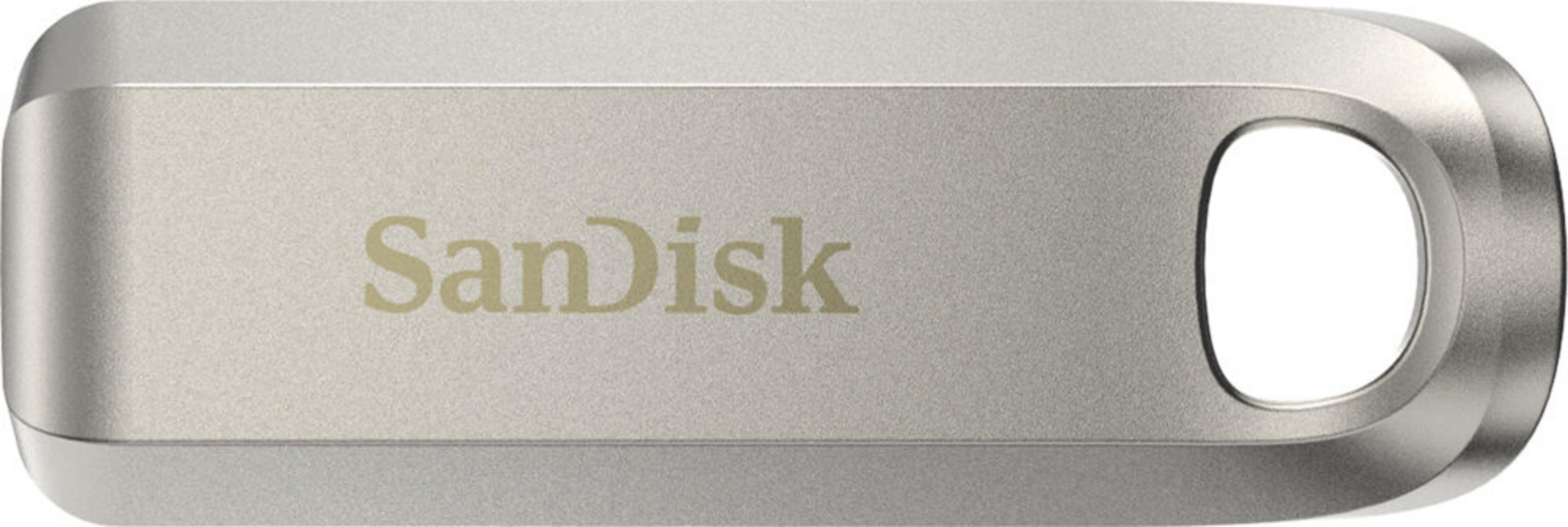 Chiavetta USB SanDisk argentata con anello per portachiavi.