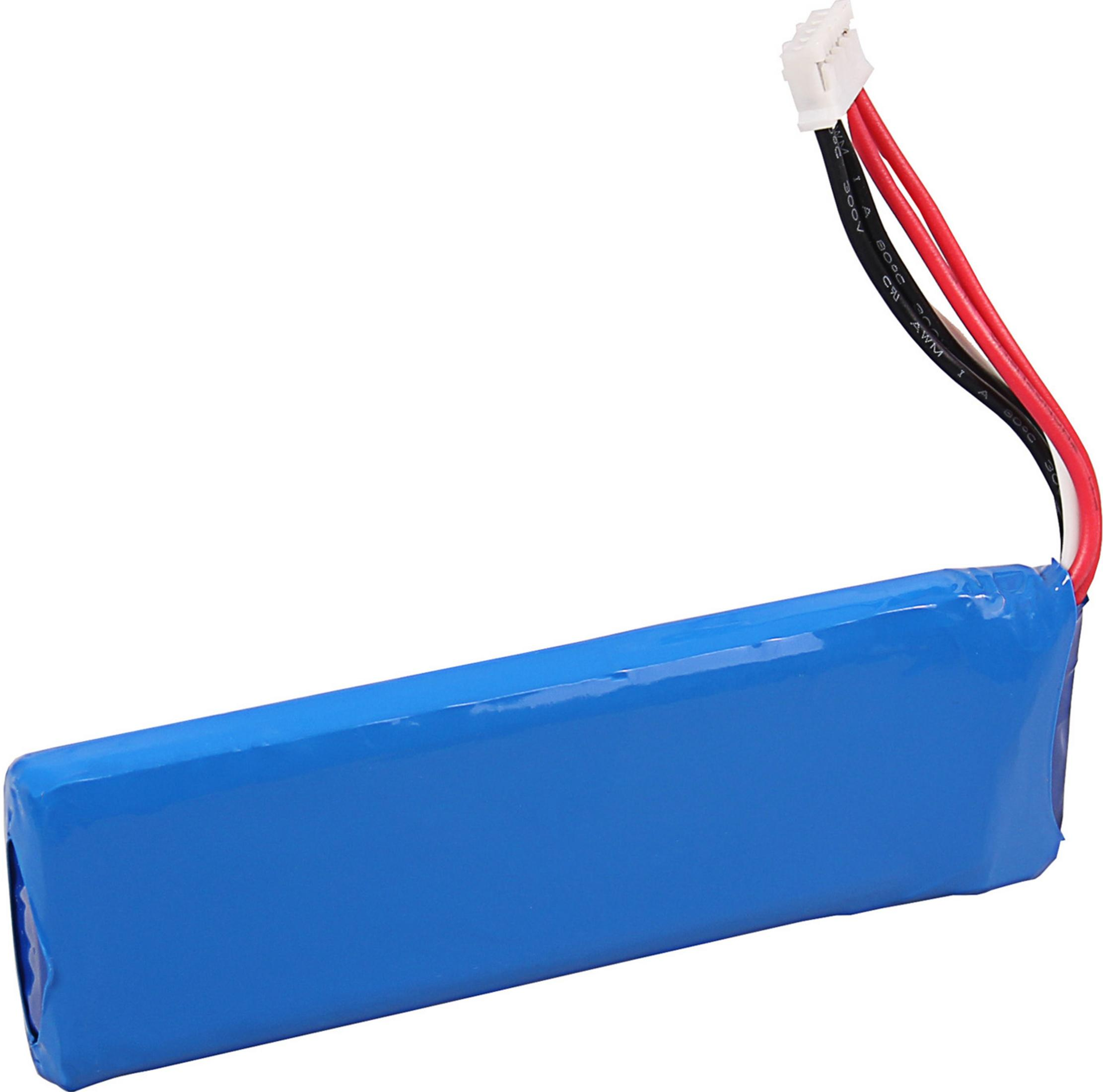 Ein blaues Akkupack mit roten, schwarzen und weißen Kabeln, die an einem weißen Stecker befestigt sind.