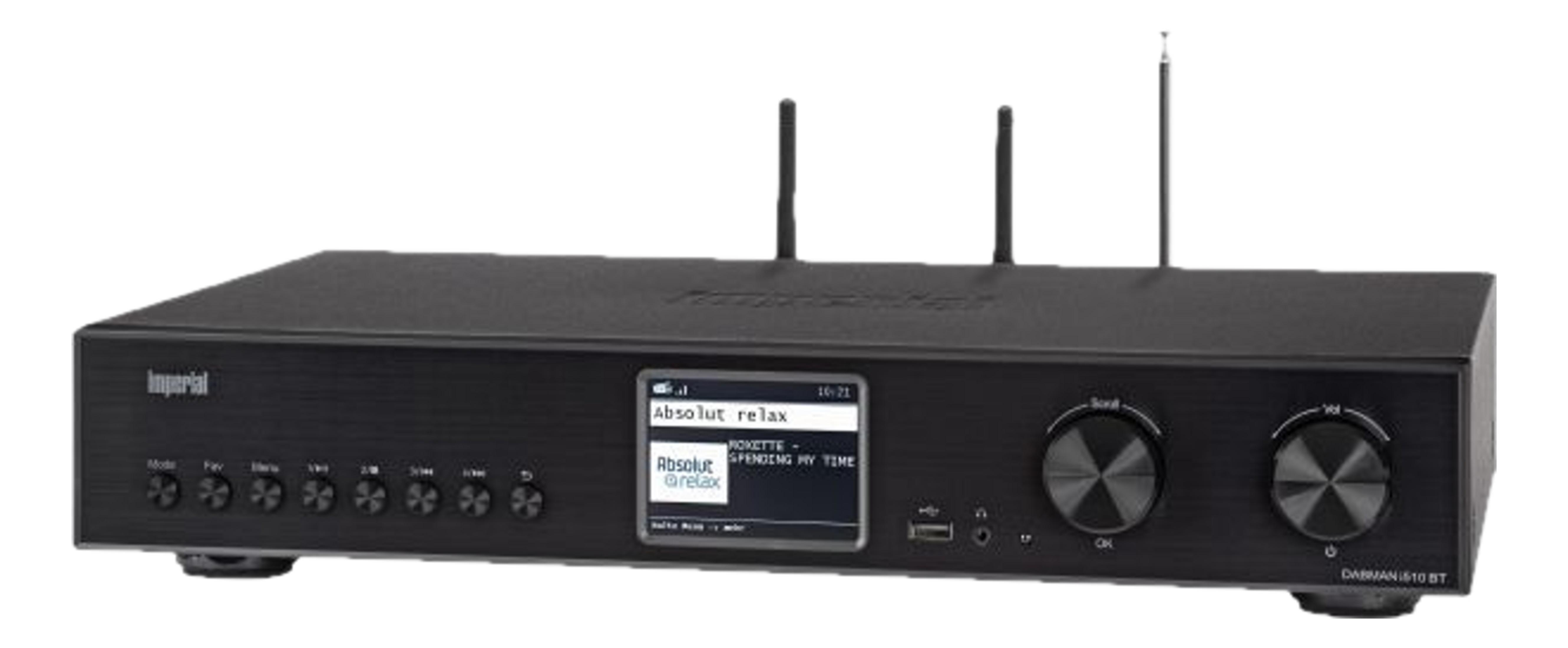 Czarny odbiornik radiowy DAB/FM z wyświetlaczem, gałkami i antenami.