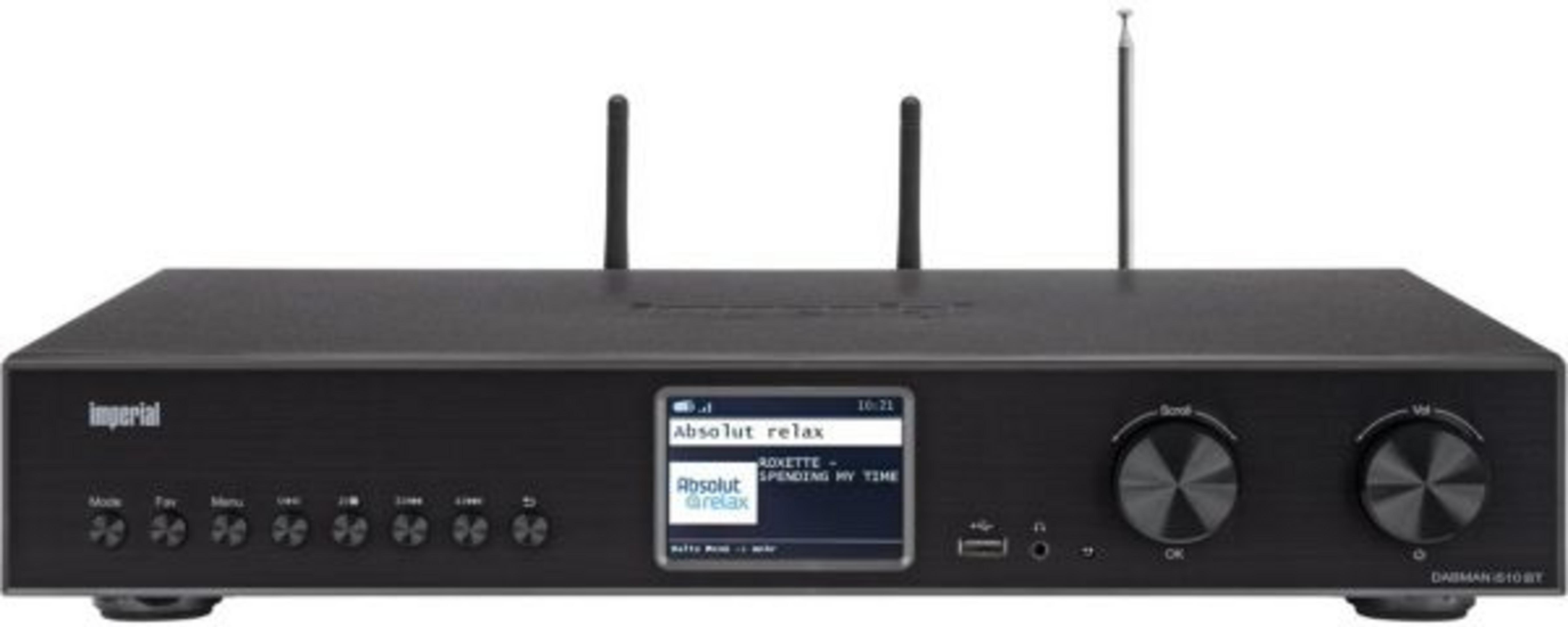 Czarny odbiornik radiowy DAB+ z wyświetlaczem, przyciskami i antenami.