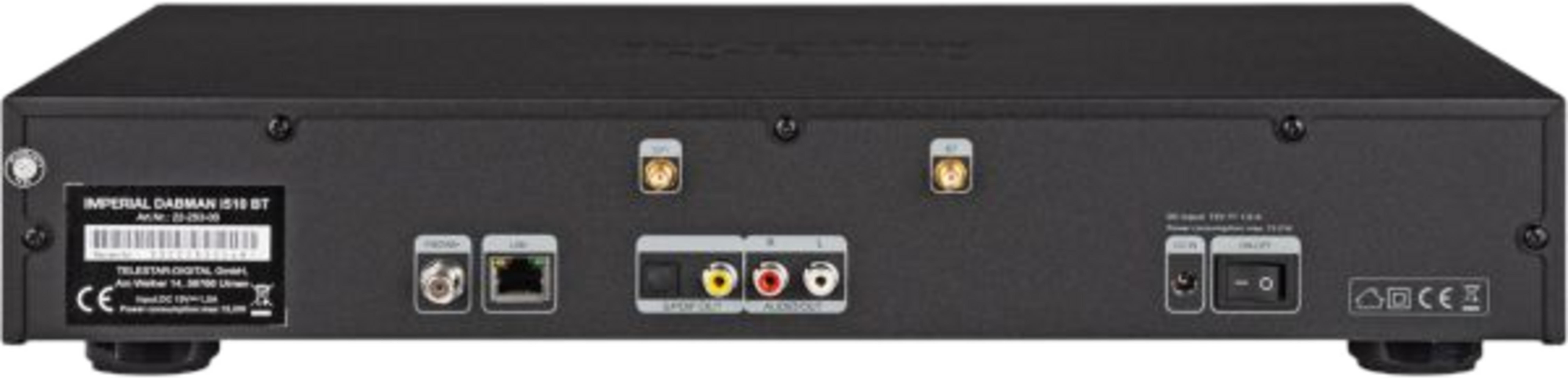 Tył czarnego odbiornika ze złączami: HDMI, LAN, Audio/Video, Antena, Zasilanie, Włącznik.