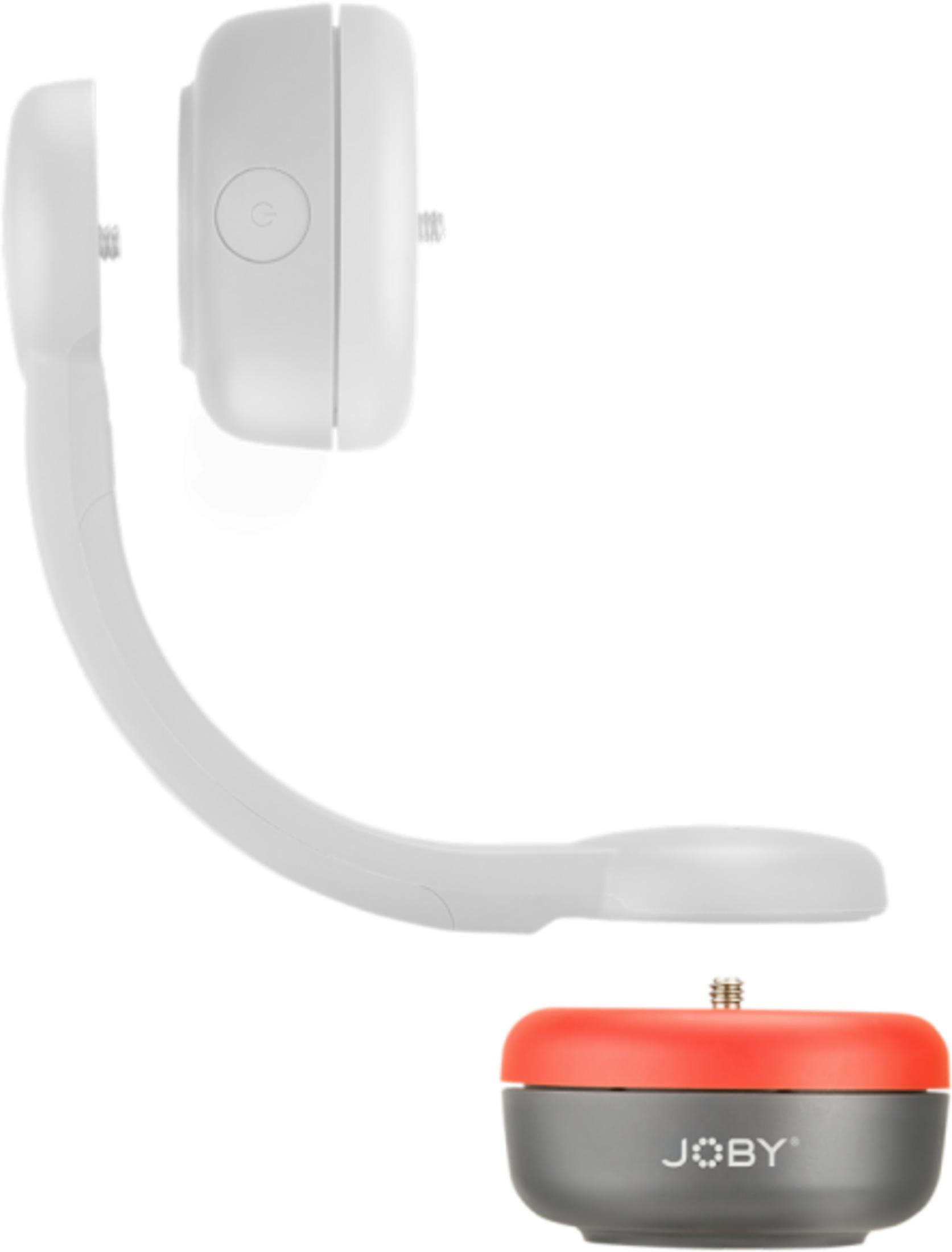 Ein weißes, biegsames Halterungsstück über einem grauen und roten JOBY-Adapter.